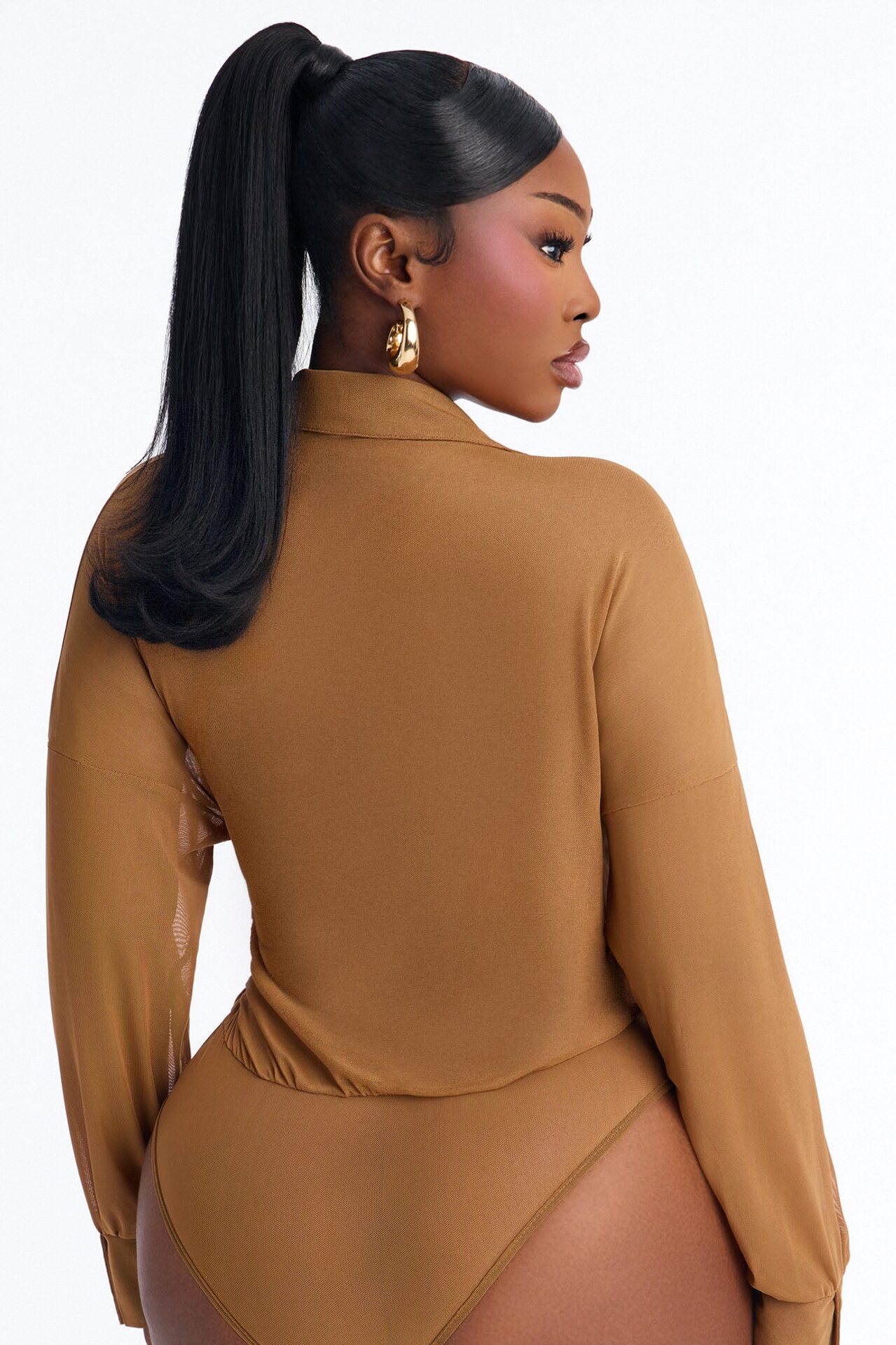 Taryn Sheer Mesh Long Sleeve Bodysuit - Mocha