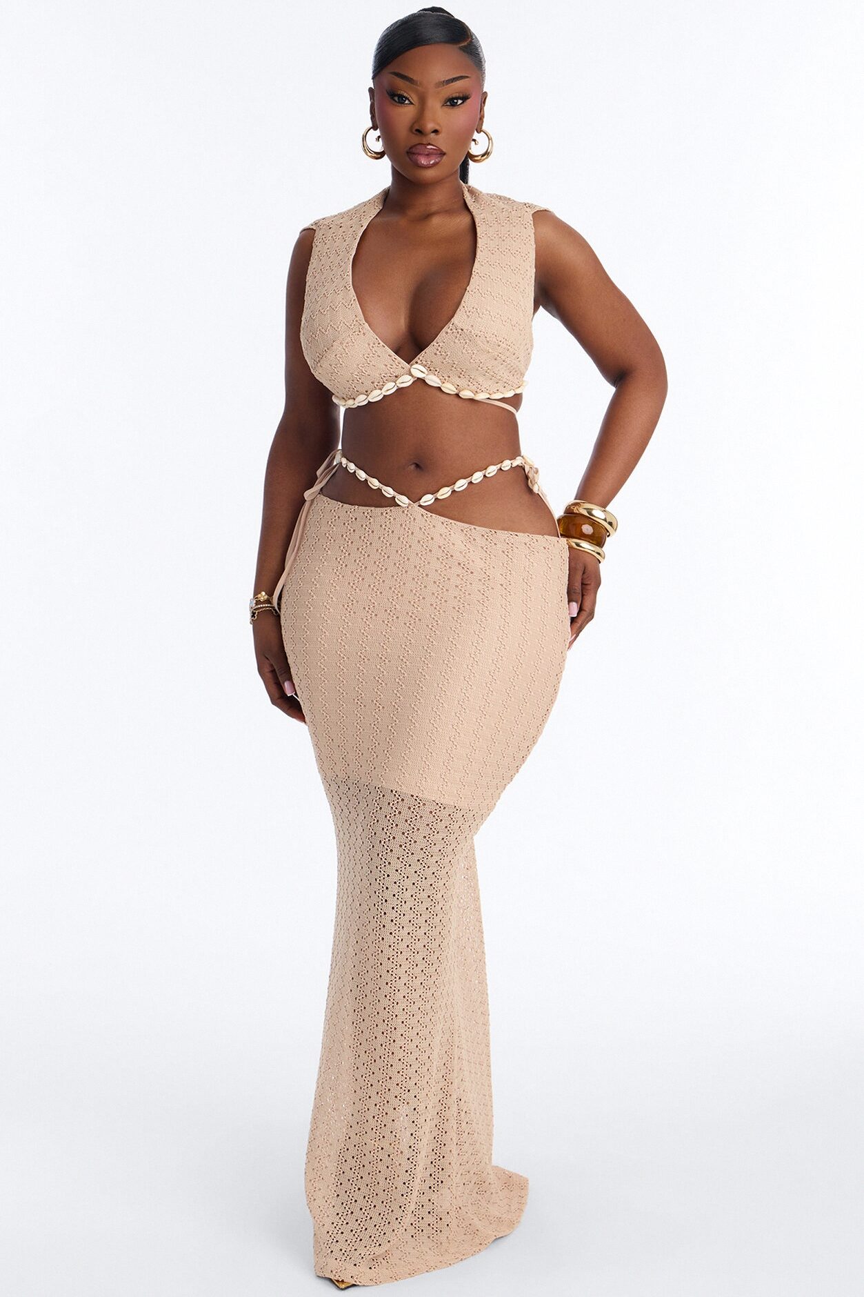 Seaside Bombshell Crochet Skirt Set - Taupe