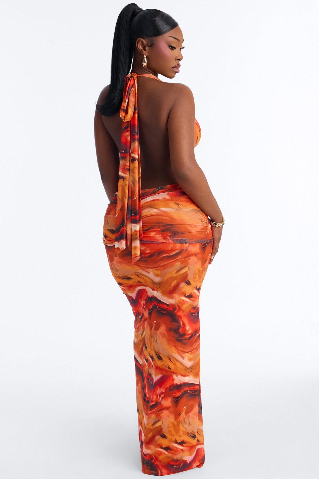 Heating Up Halter Mesh Maxi Dress - Orange/combo
