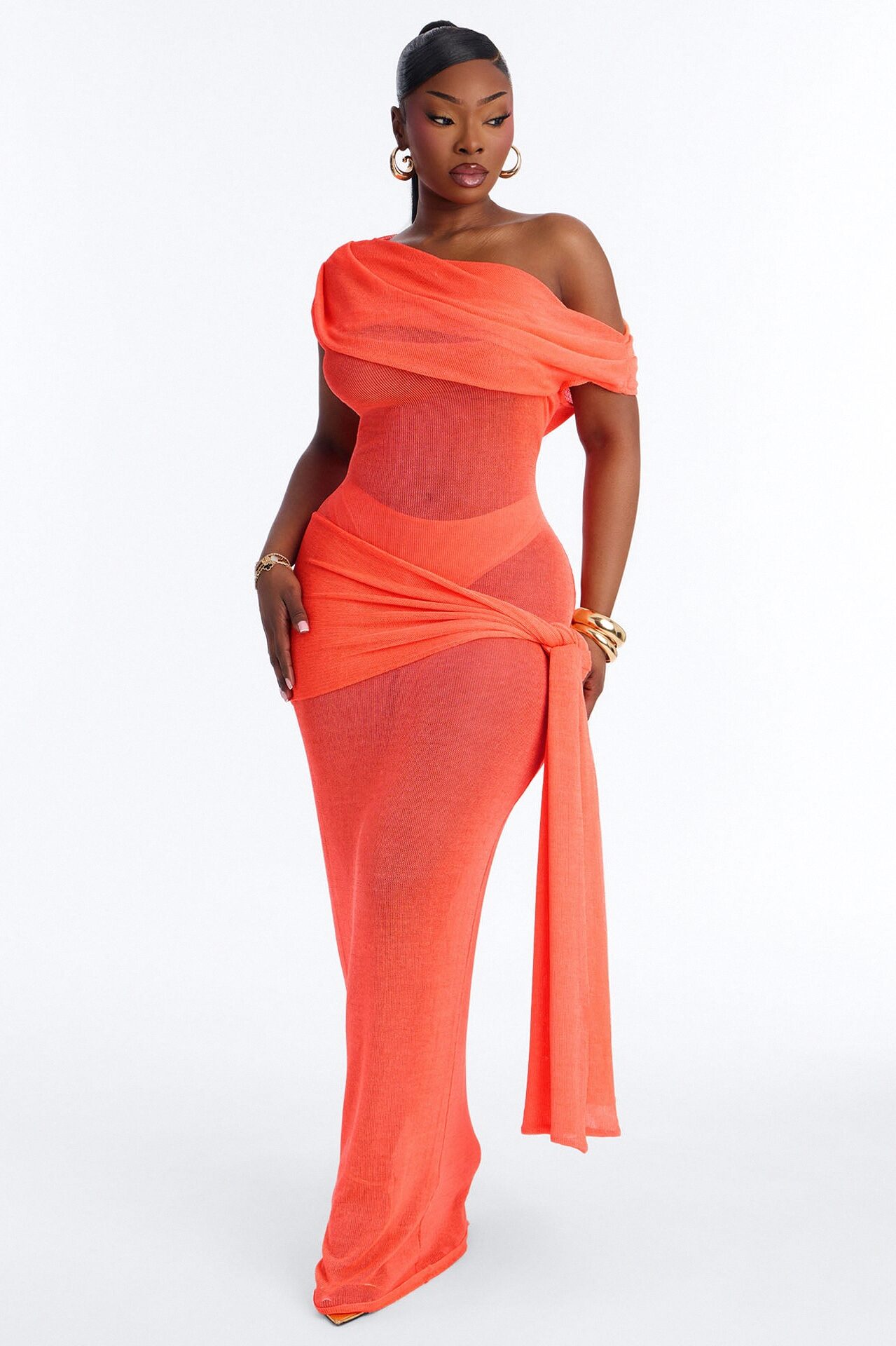 Heartbreaker Metallic Knit Maxi Dress - Neon Coral