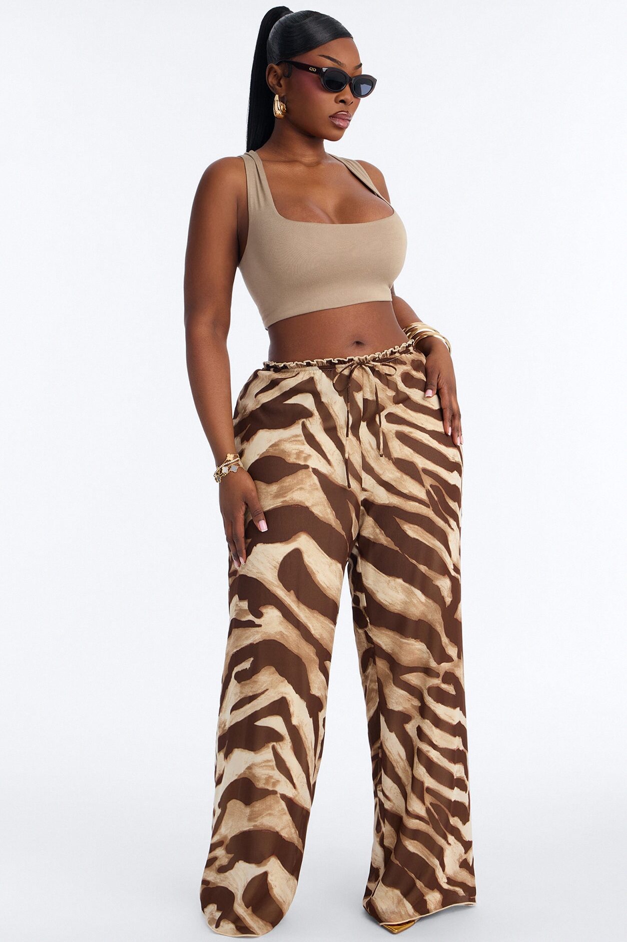 Geneva Wide Leg Drawstring Pant - Brown Combo