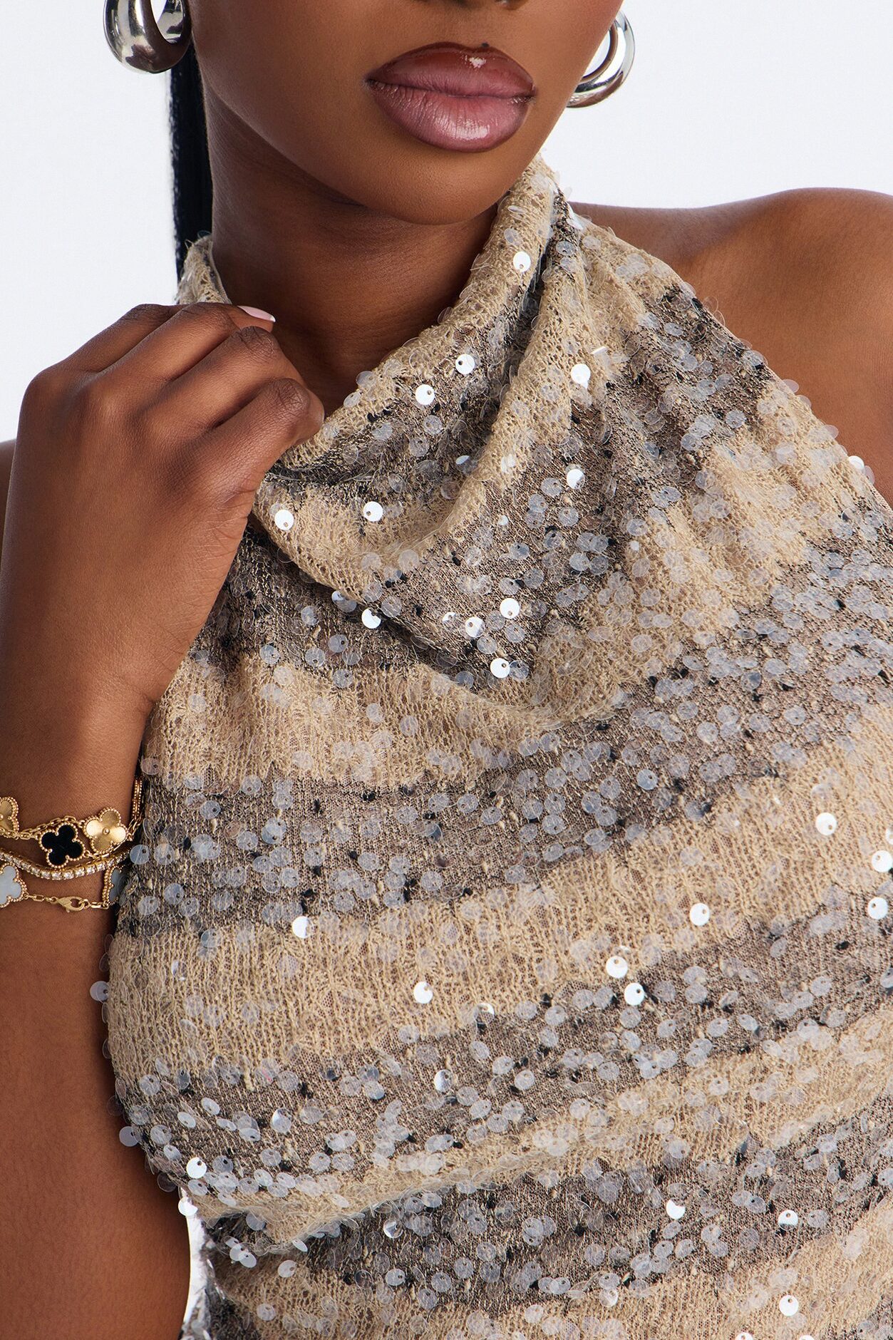 Sunny Textured Sequin Cowl Neck Halter Top - Taupe/combo