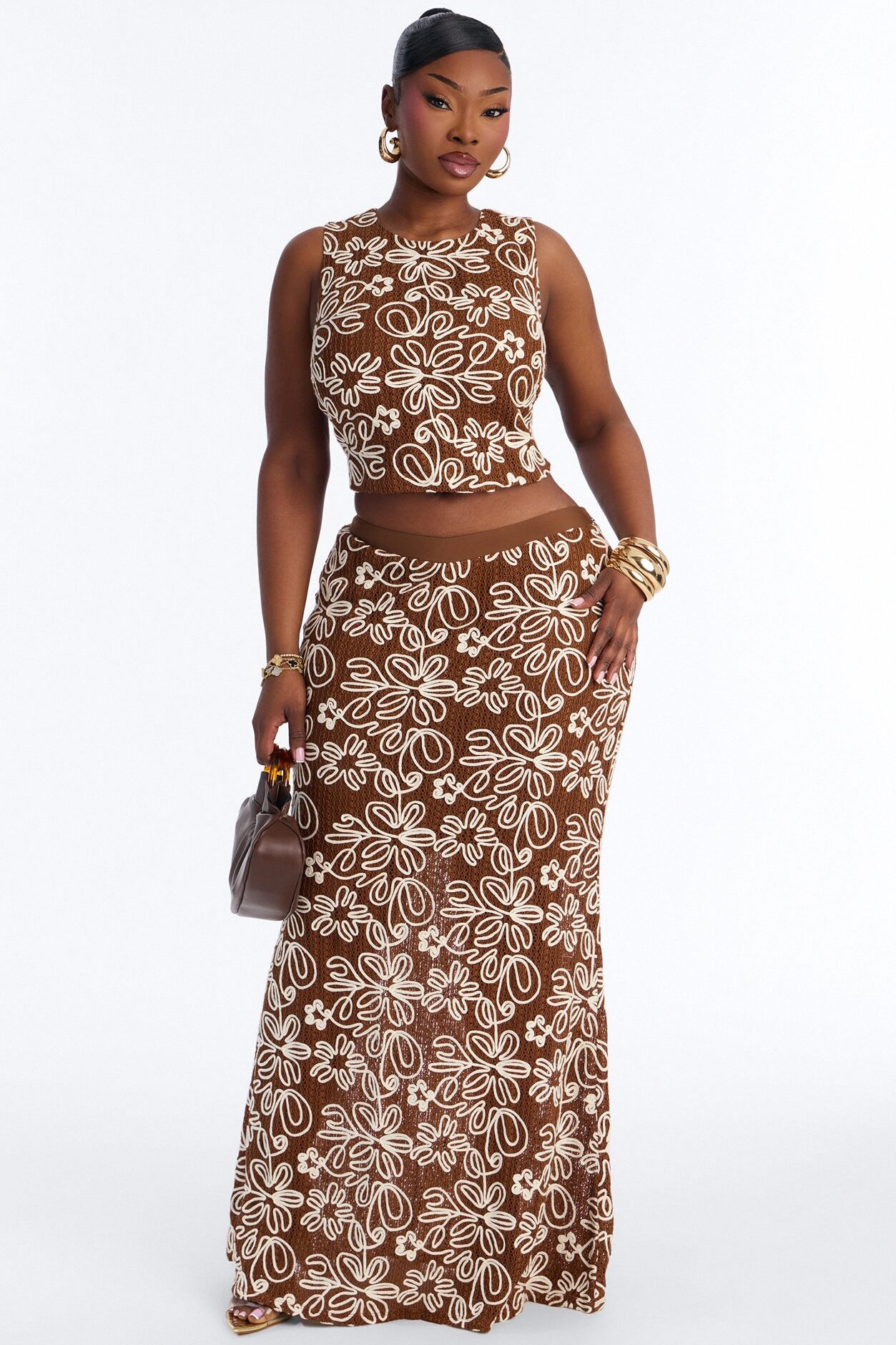 Flora Embroidered Crochet Skirt Set - Brown
