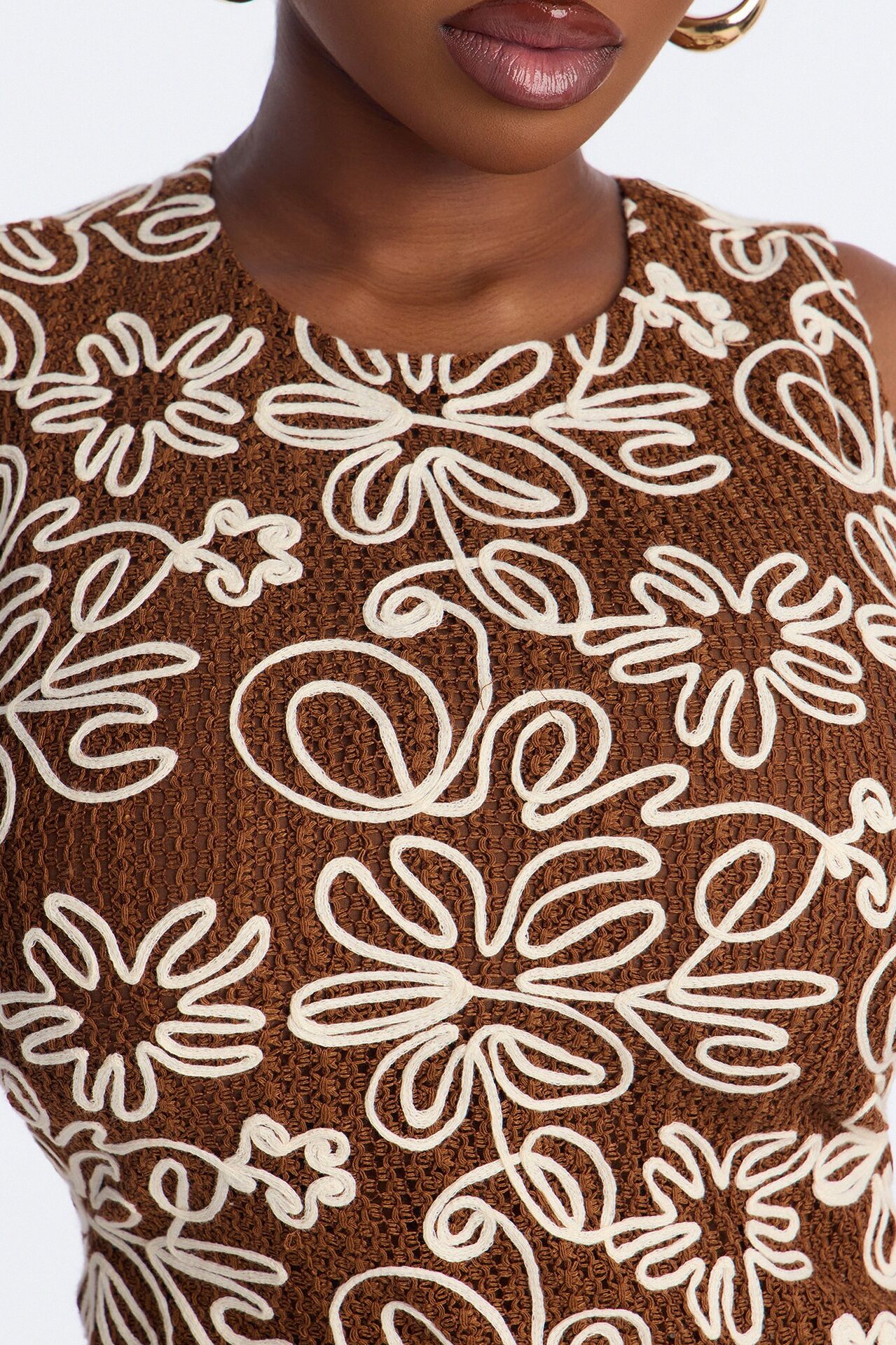 Flora Embroidered Crochet Skirt Set - Brown