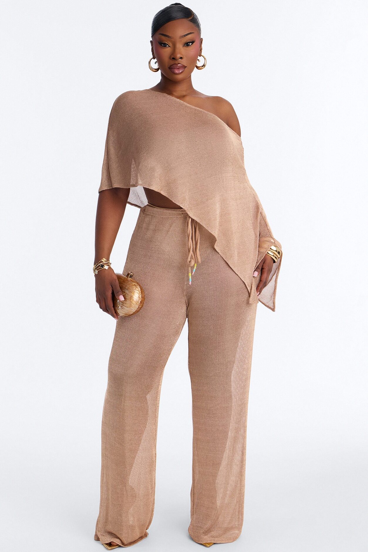 Melanie Metallic Knit 3 Piece Pant Set - Gold