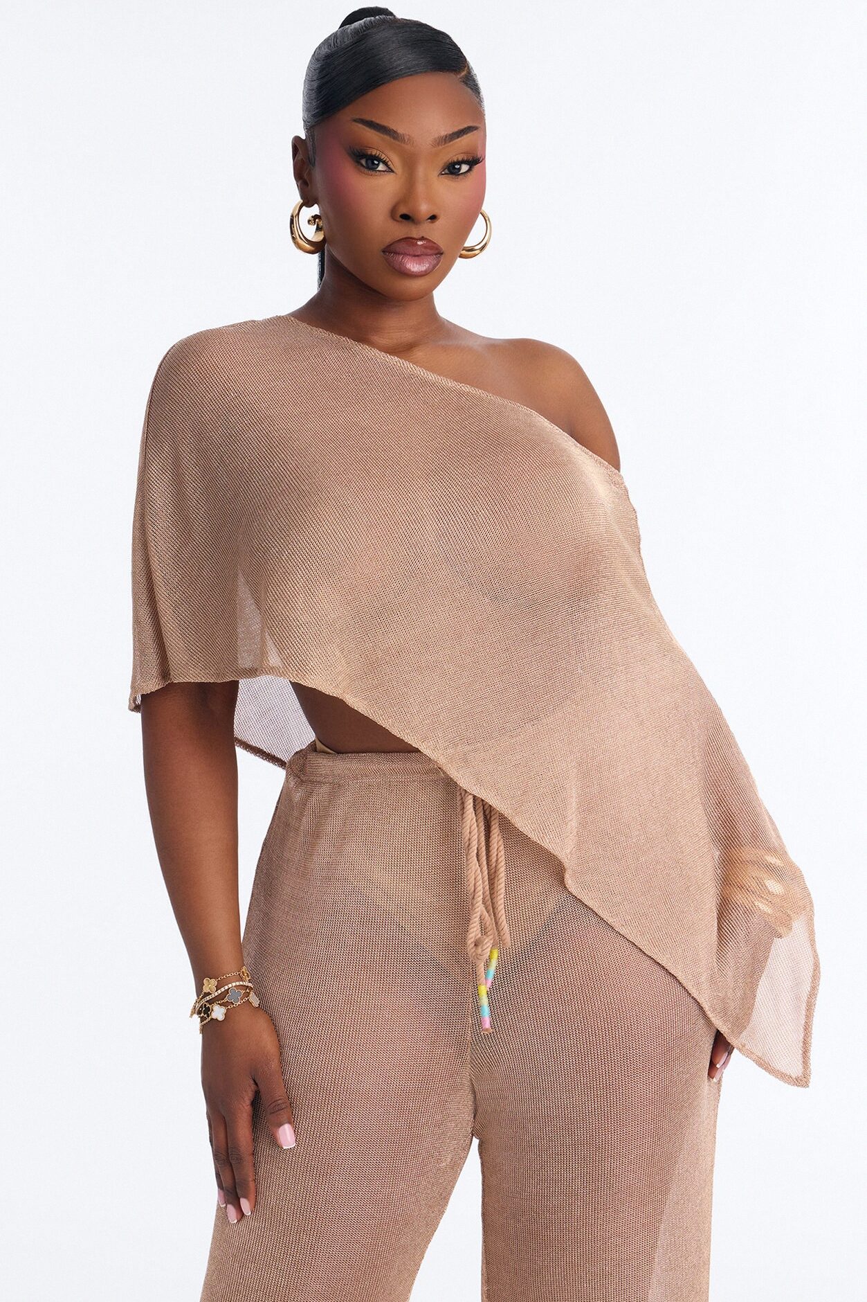 Melanie Metallic Knit 3 Piece Pant Set - Gold