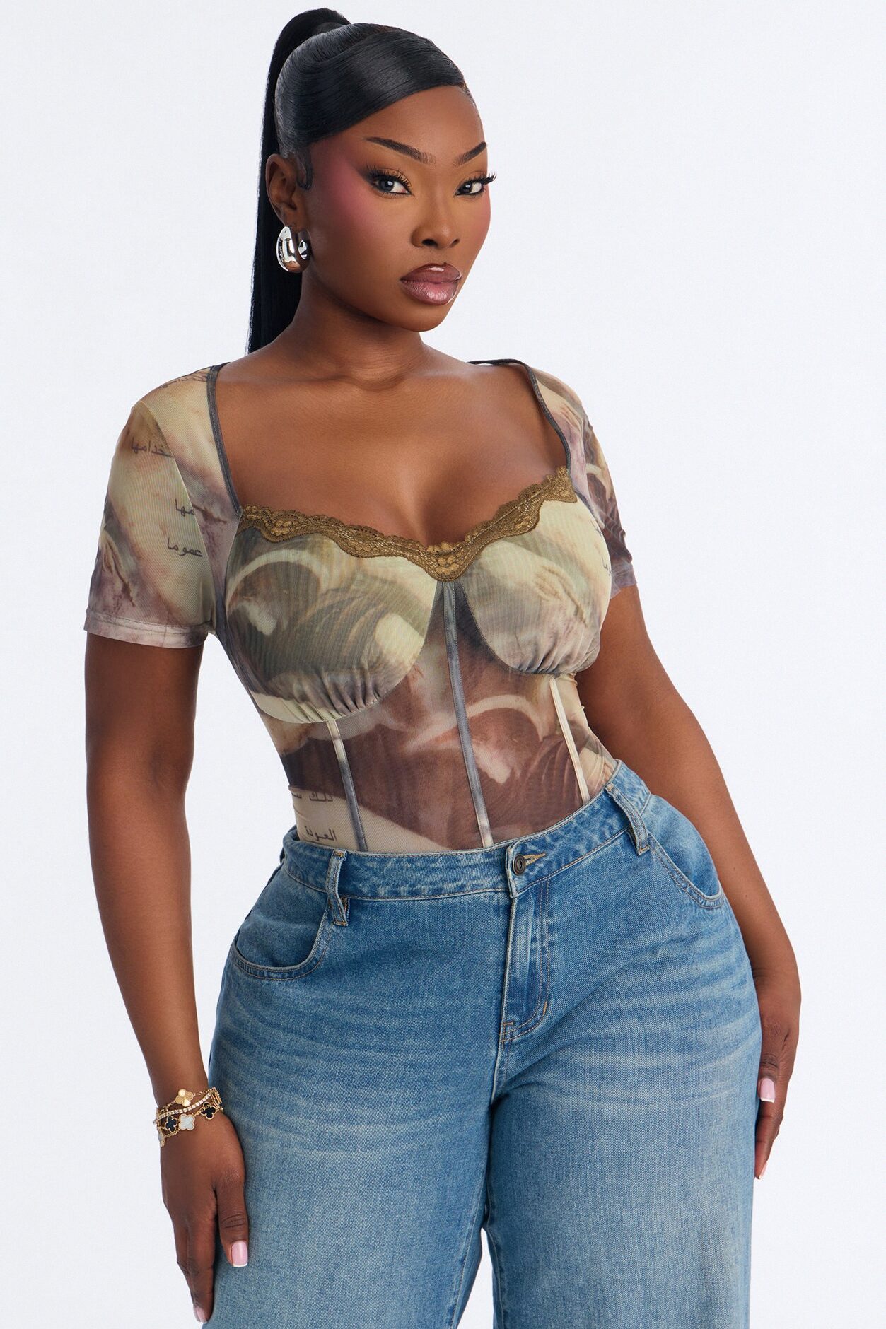 Midnight Fantasy Mesh Short Sleeve Bodysuit - Green/combo