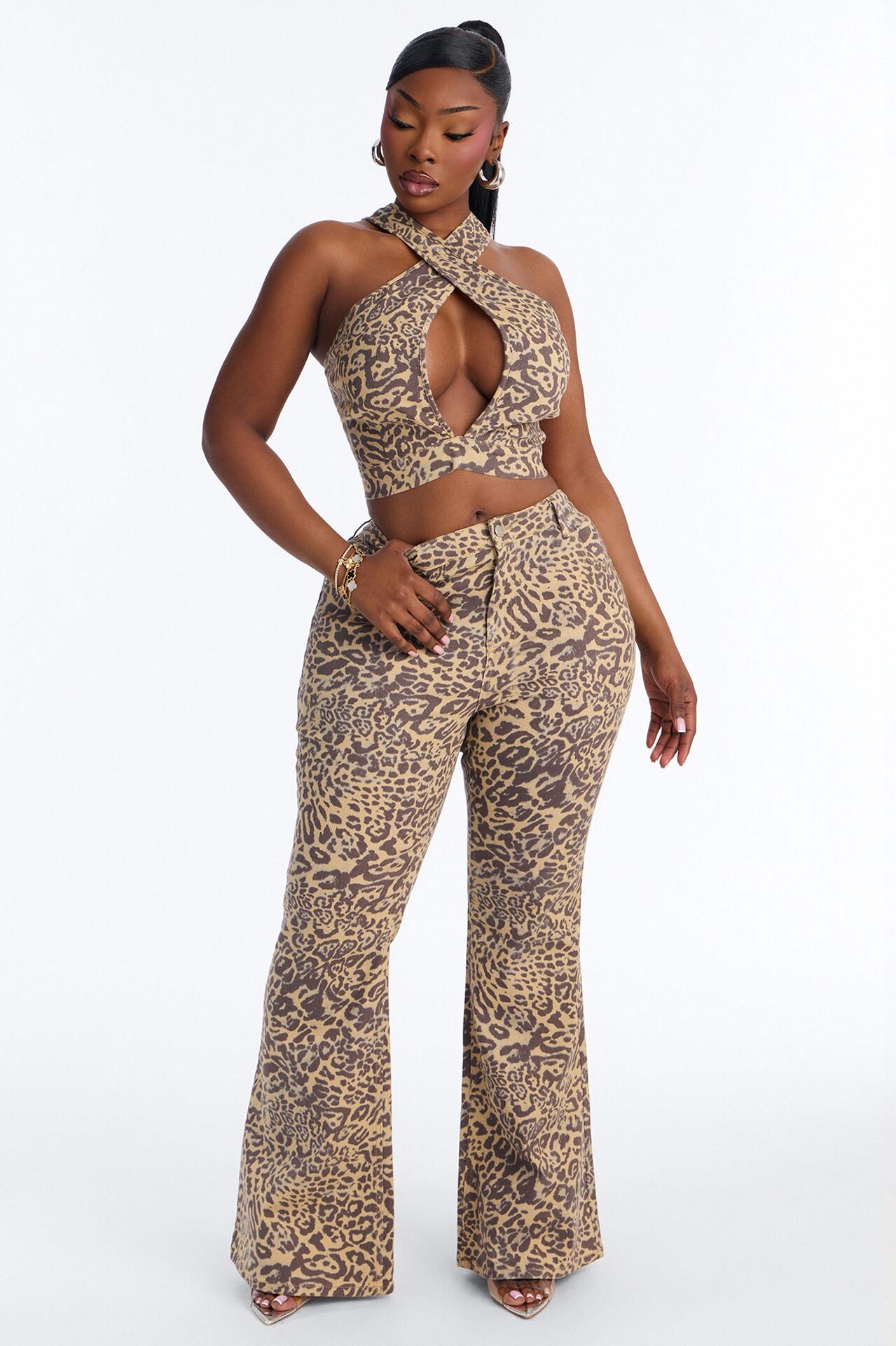 Cheetah Crush Denim Pant Set - Mocha/combo