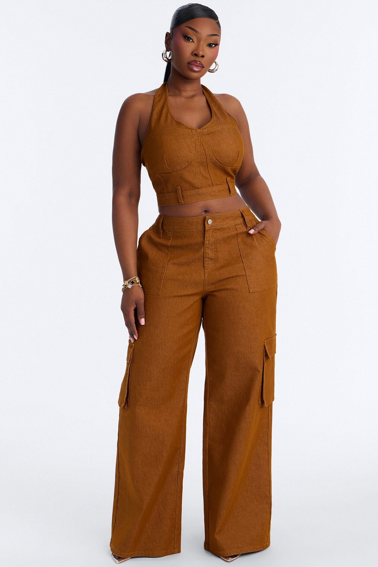 Kenia Halter Cargo Pant Set - Brown