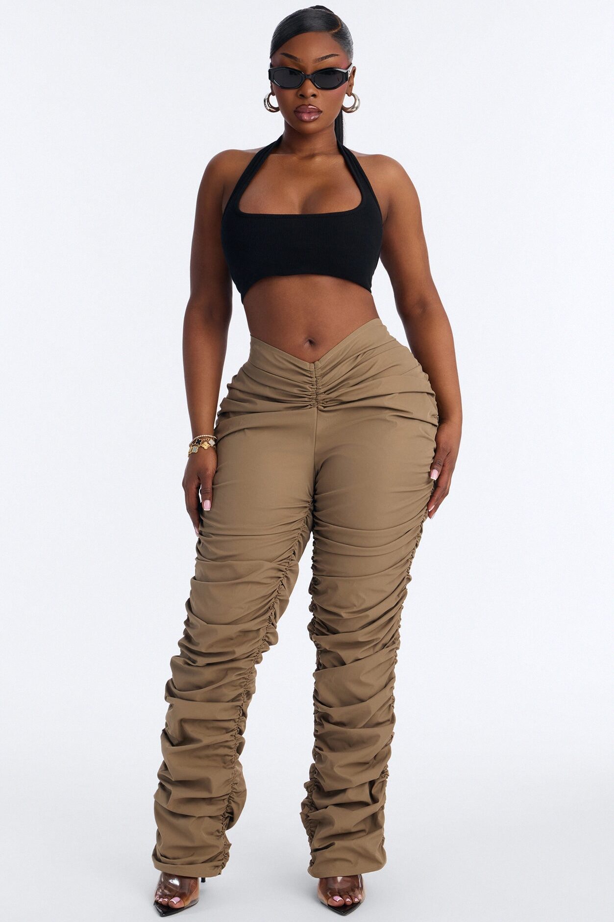 Lettie Mid Rise Ruched Skinny Pant - Taupe