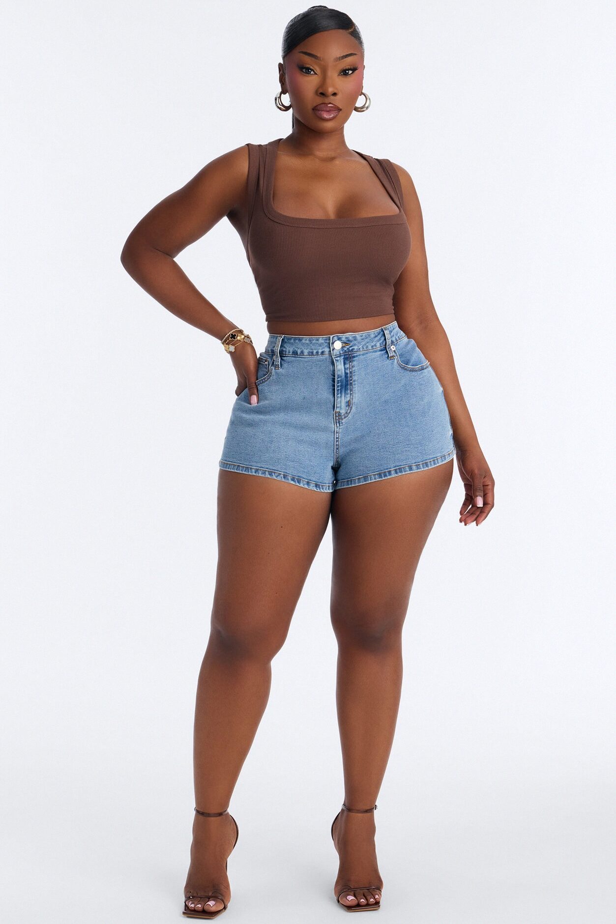 Long Hot Summer Stretch Denim Shorts - Medium Wash