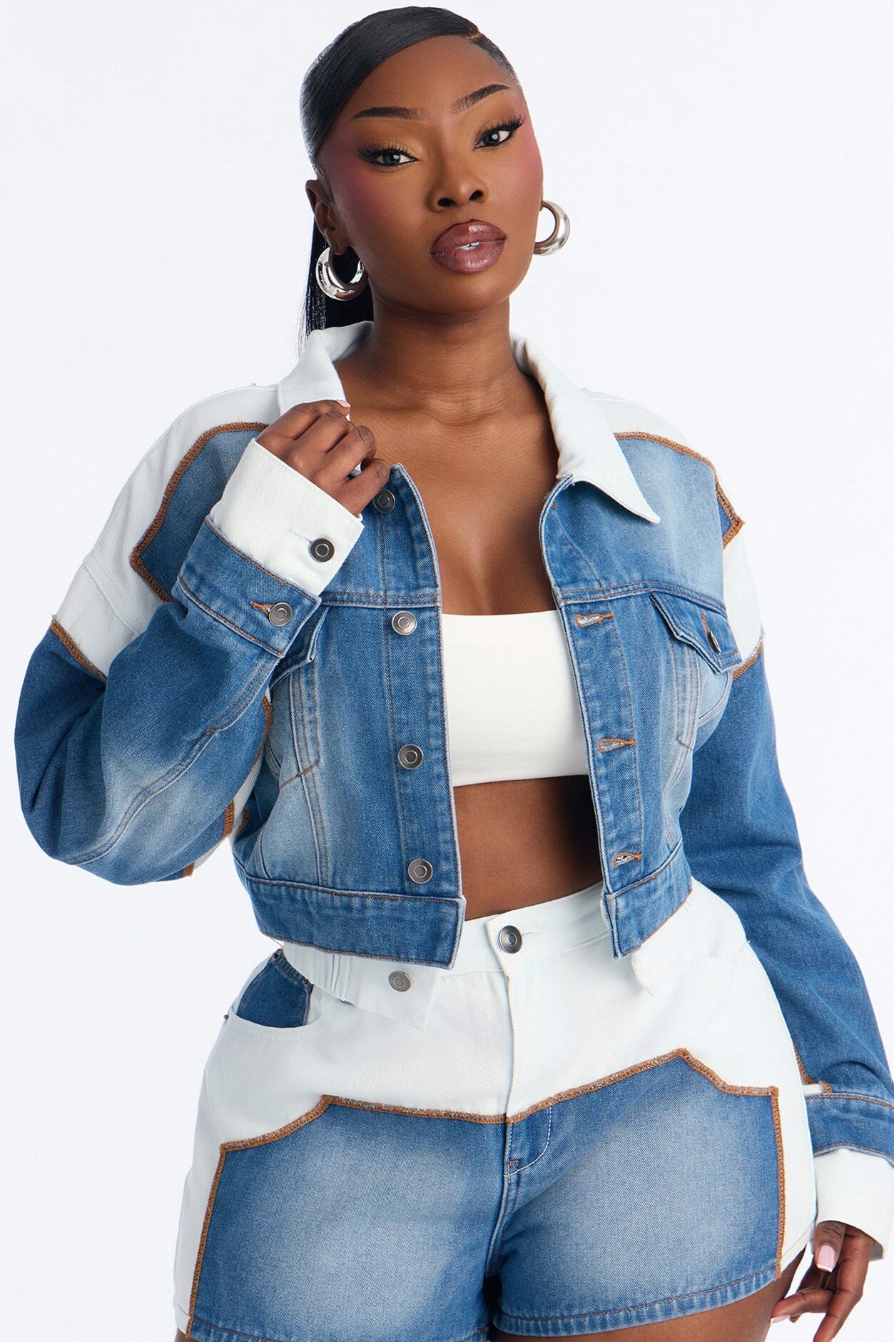 Soho Layered Denim Jacket And Short Set - Medium Blue Wash