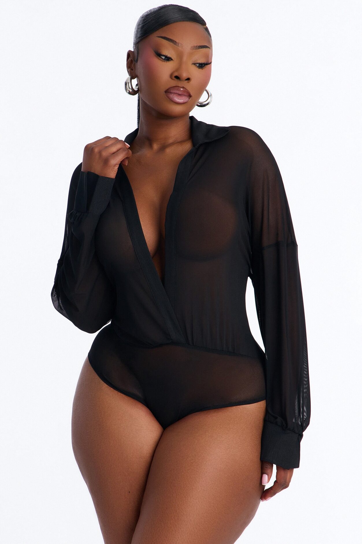 Taryn Sheer Mesh Long Sleeve Bodysuit - Black
