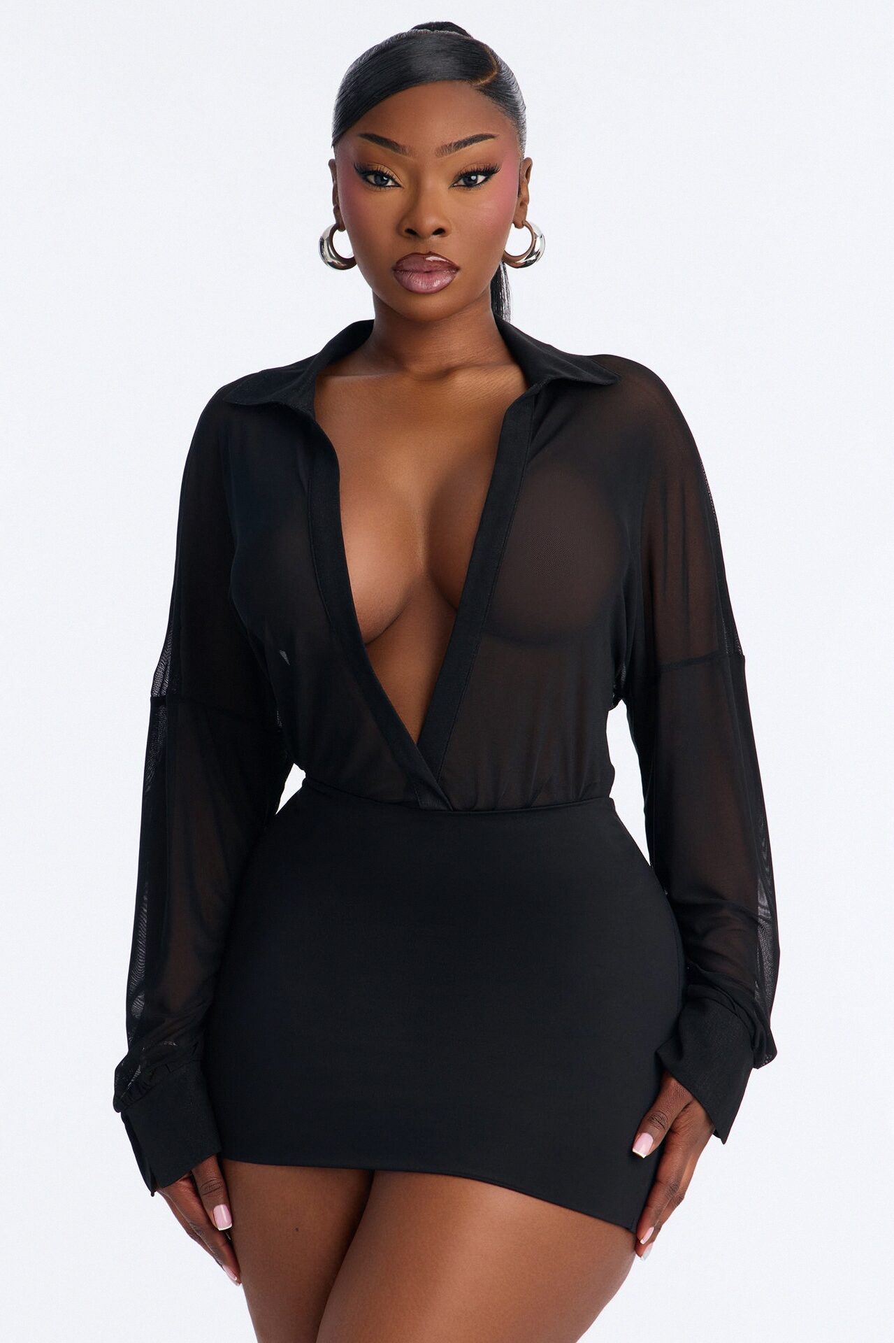Taryn Sheer Mesh Long Sleeve Bodysuit - Black