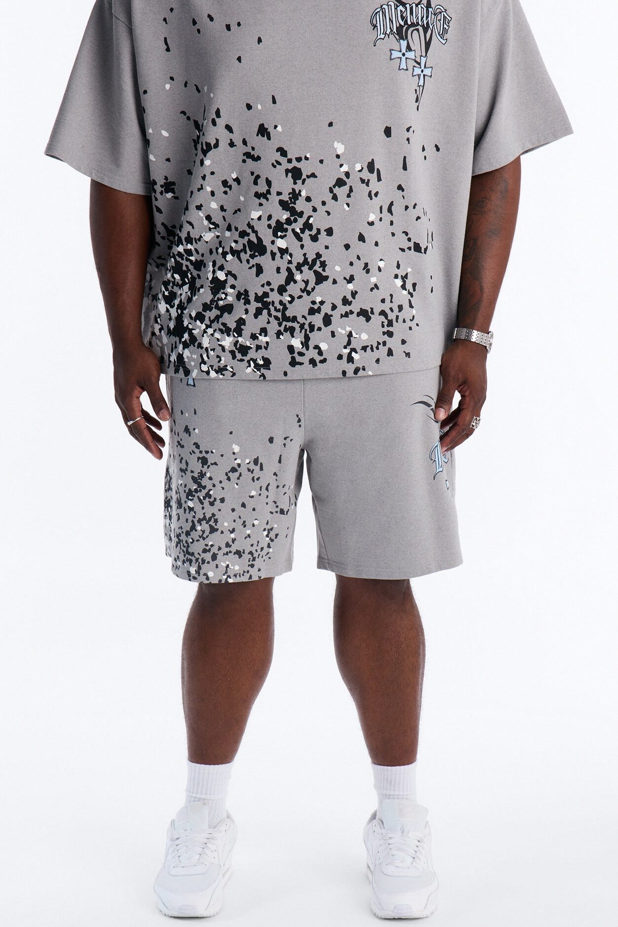 Menace Paint Splatter Embroidered Relaxed Sweatshort - Grey