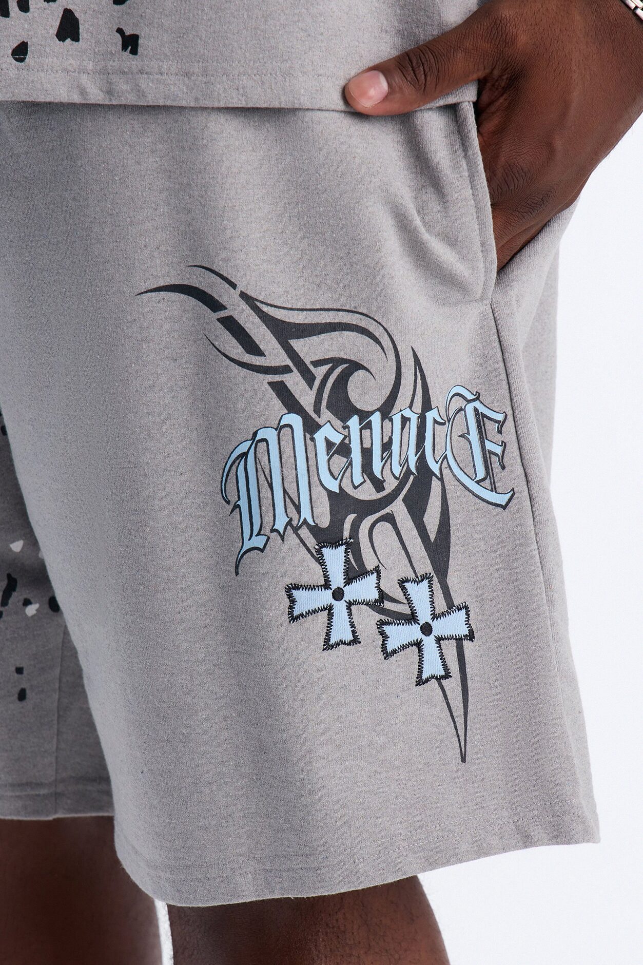 Menace Paint Splatter Embroidered Relaxed Sweatshort - Grey