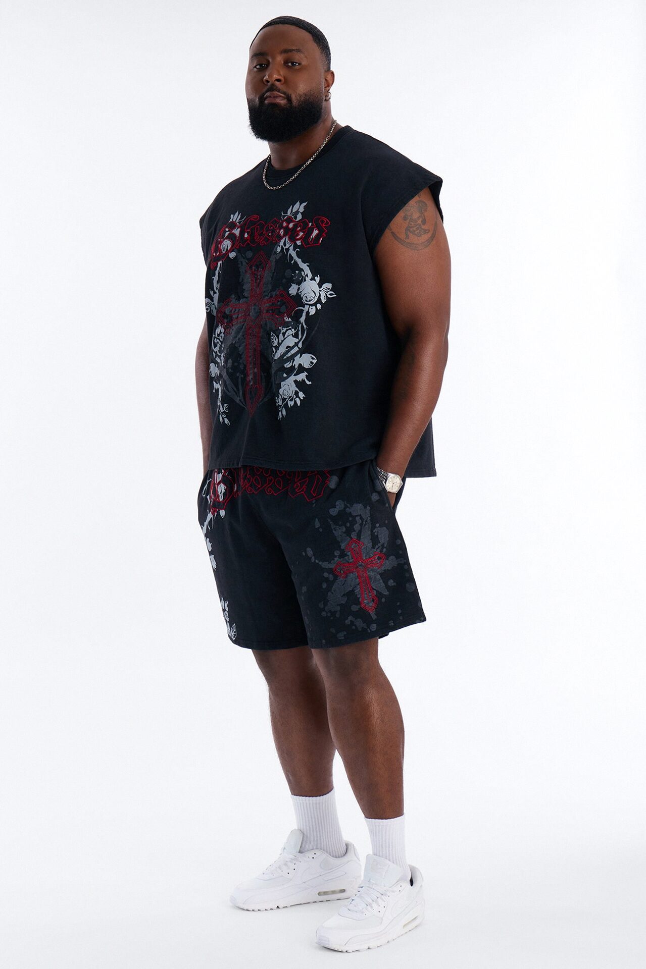 Blessed Roses Embroidered Patch Relaxed Sweatshort - Black Wash