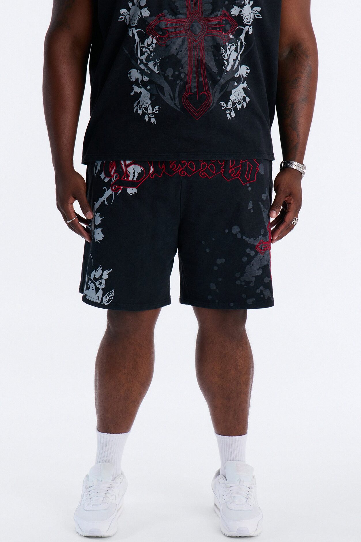 Blessed Roses Embroidered Patch Relaxed Sweatshort - Black Wash