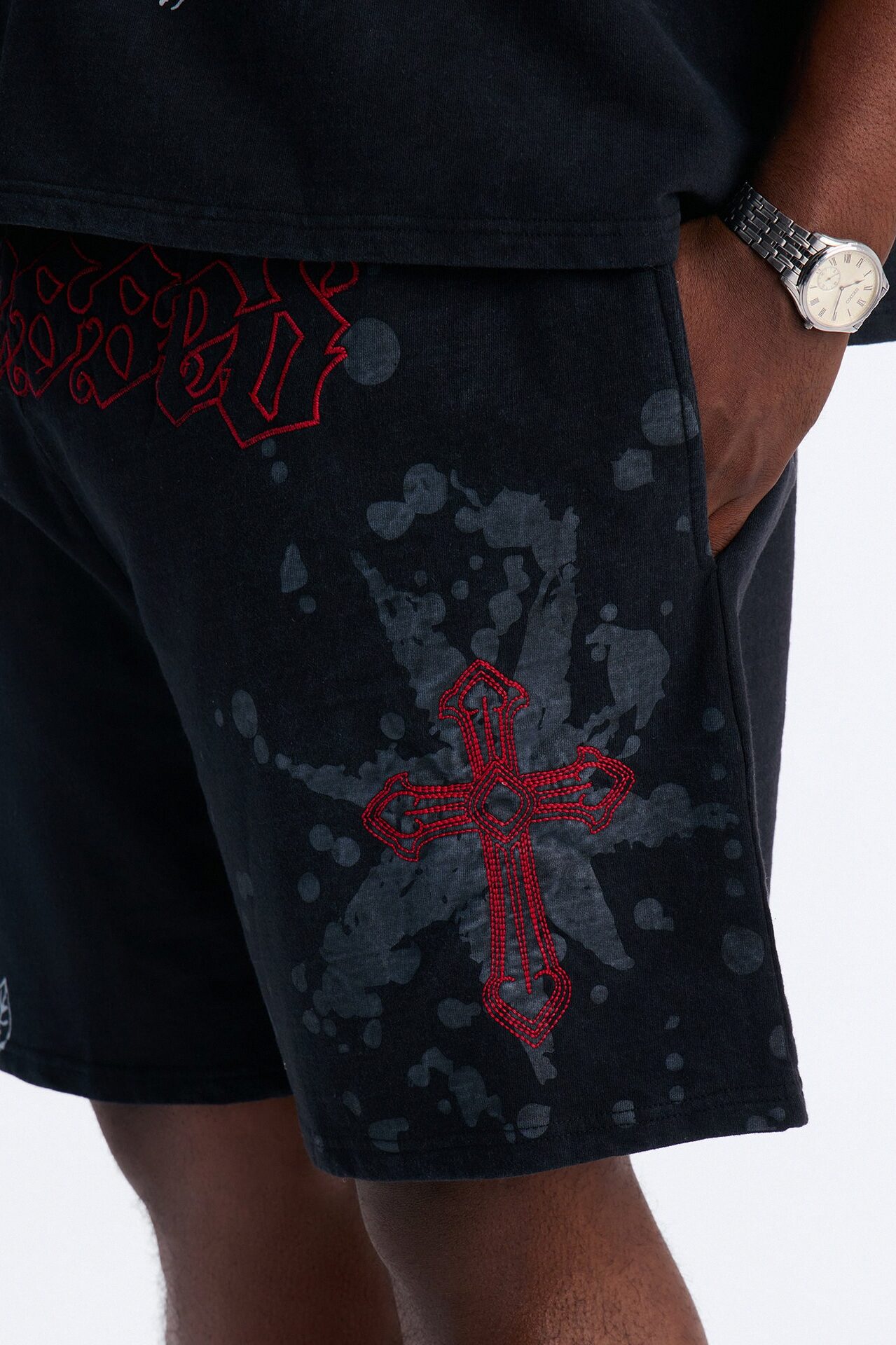 Blessed Roses Embroidered Patch Relaxed Sweatshort - Black Wash