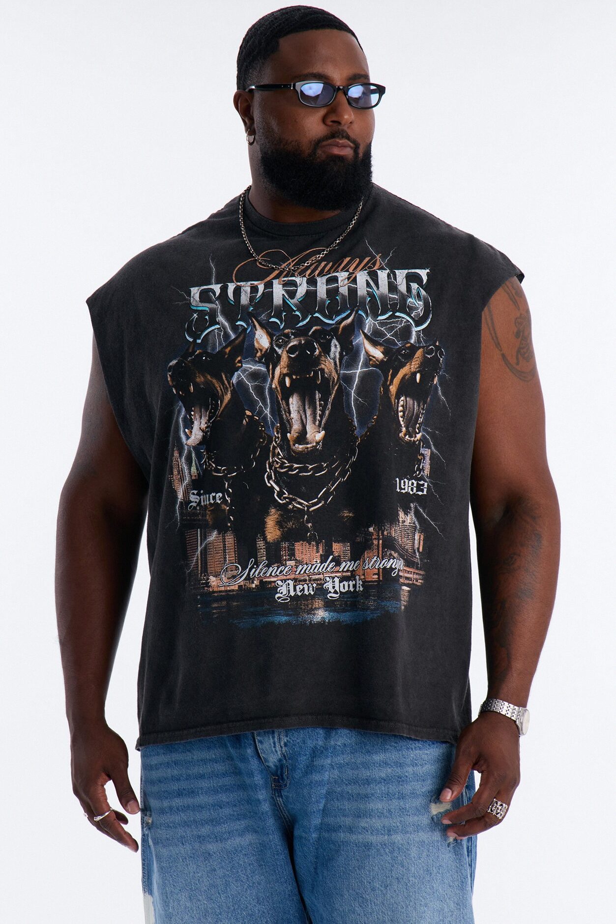 NYC Strong Vintage Oversized Muscle Tee - Black Wash