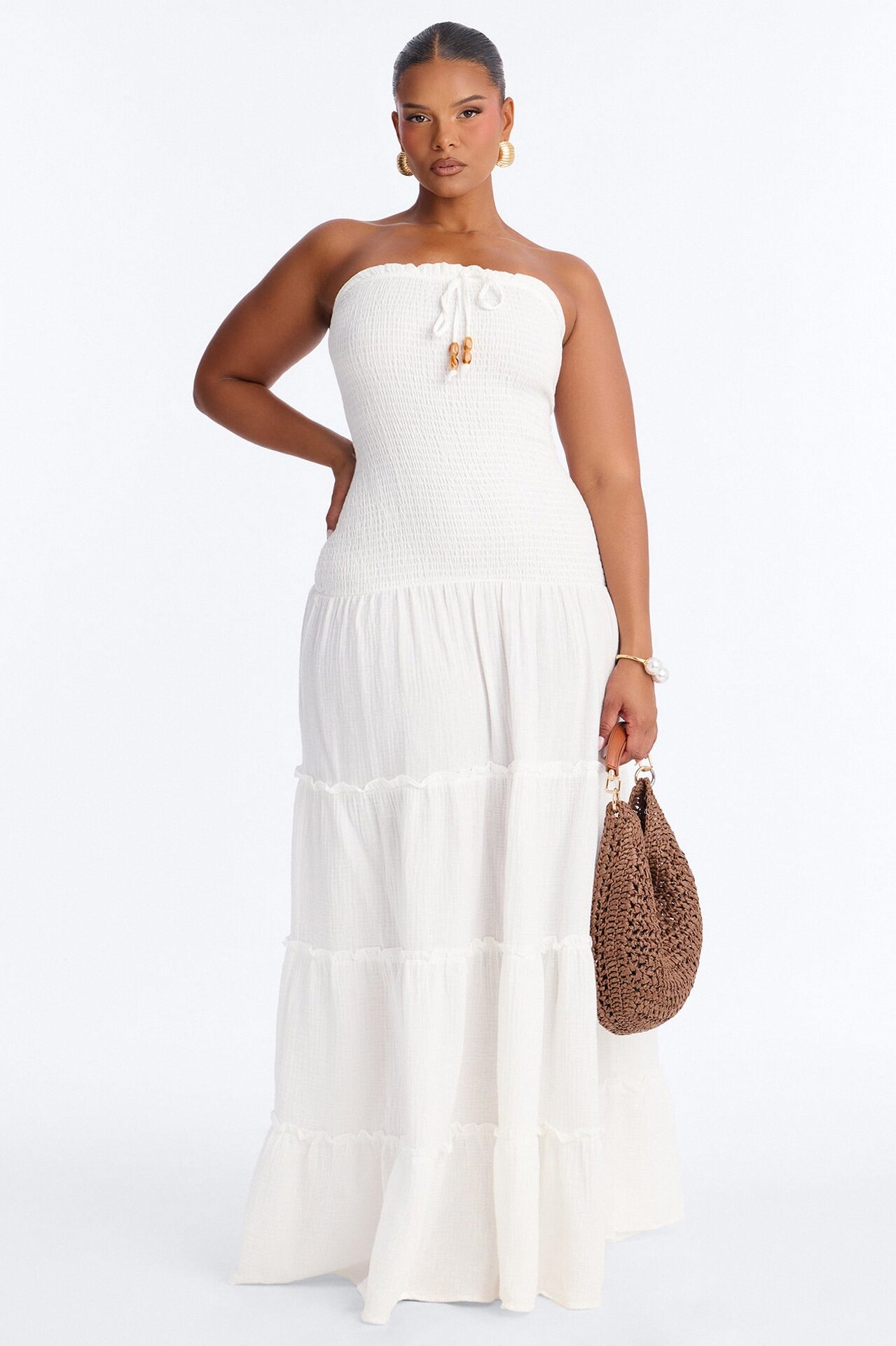 Kellie Smocked Drop Waist Maxi Dress - White