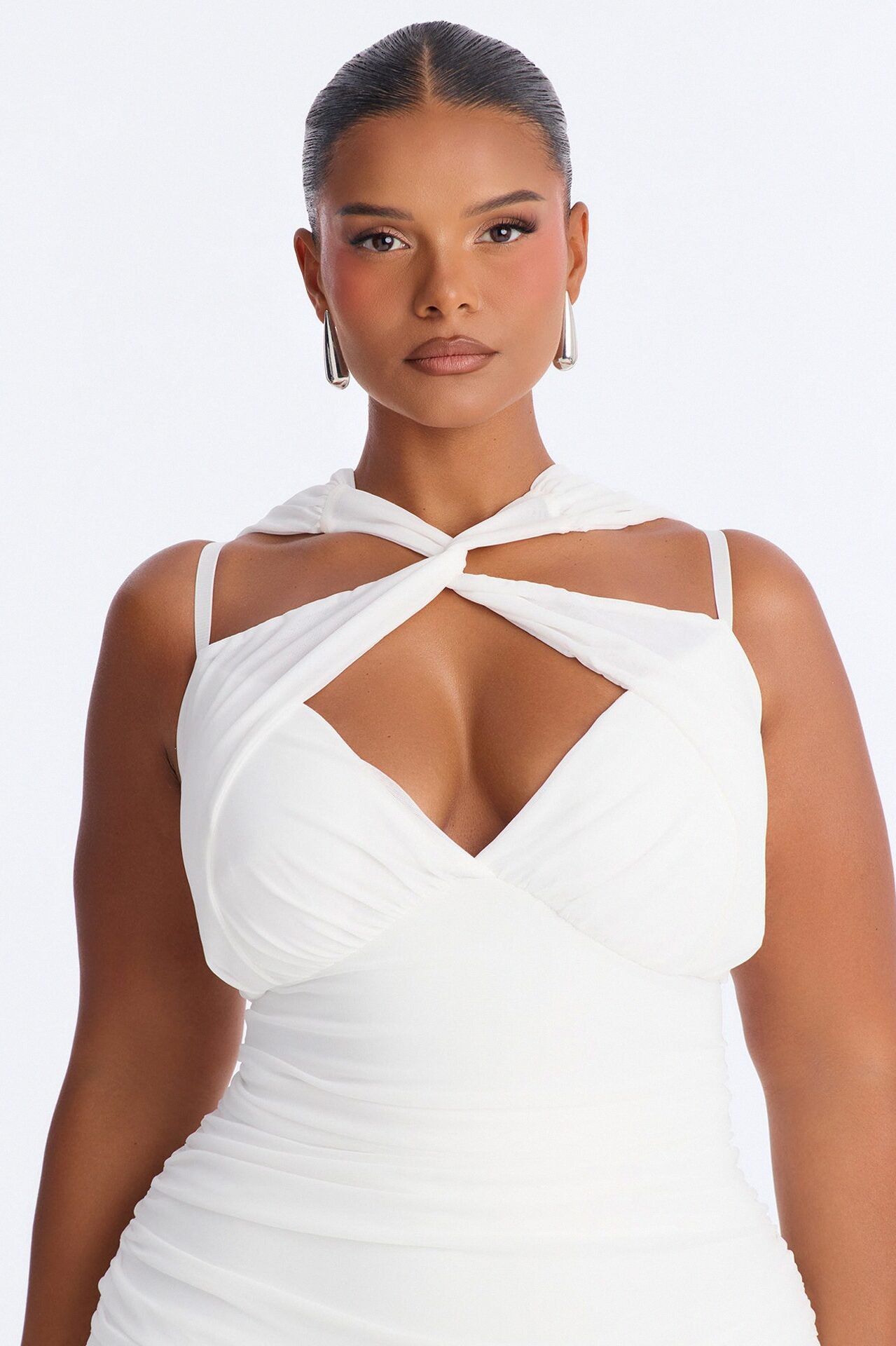Violette Ruched Mesh Maxi Dress - White
