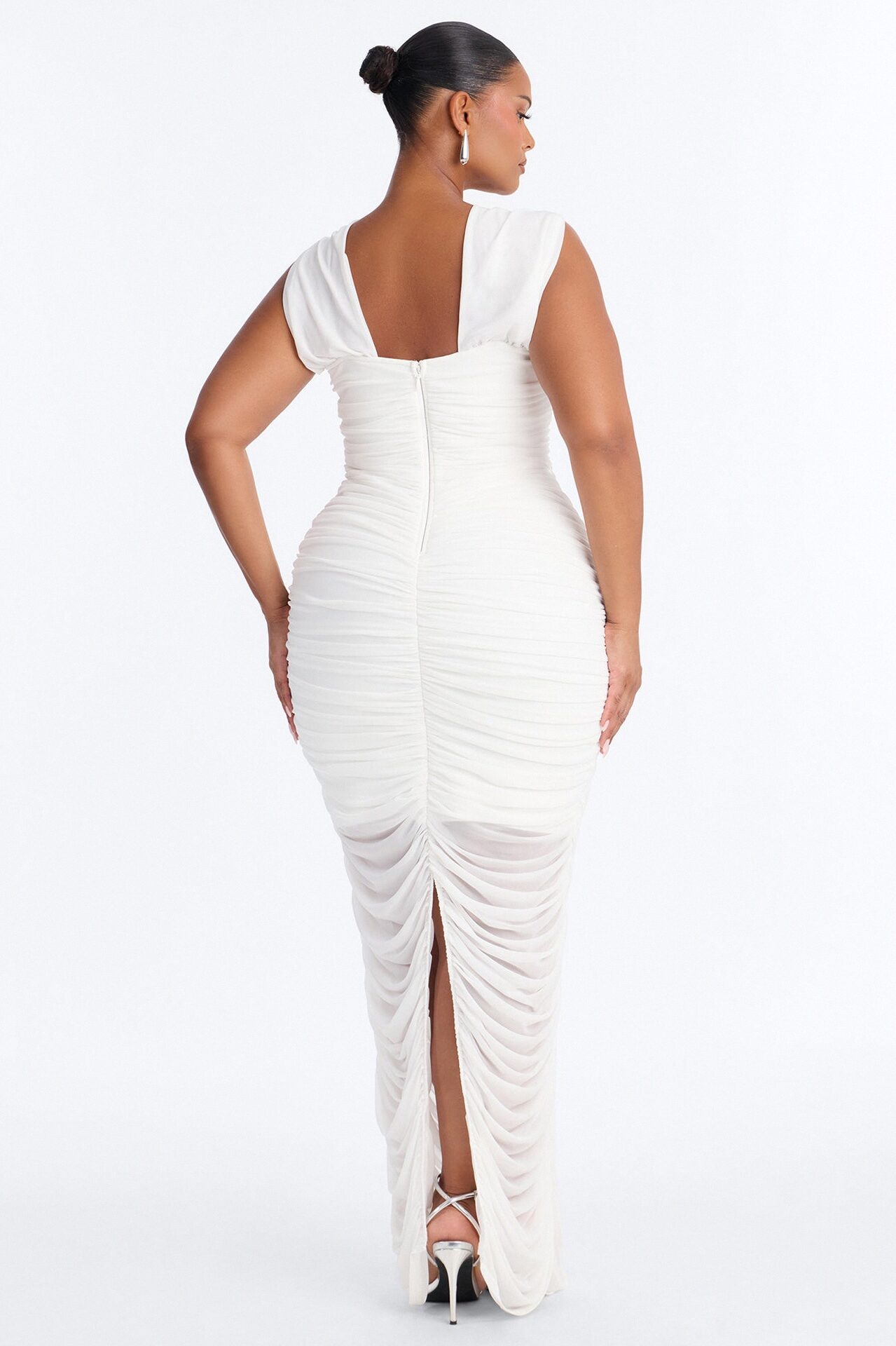 Violette Ruched Mesh Maxi Dress - White