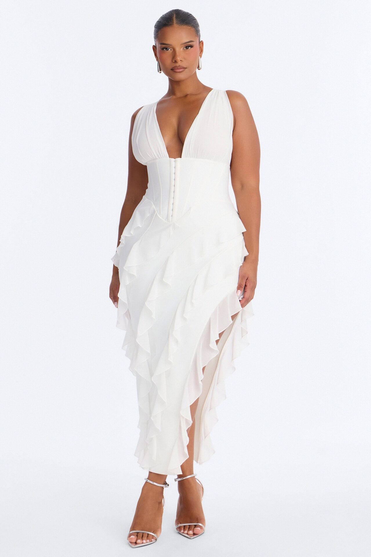 Jocelyn Bandage Ruffle Midi Dress - White
