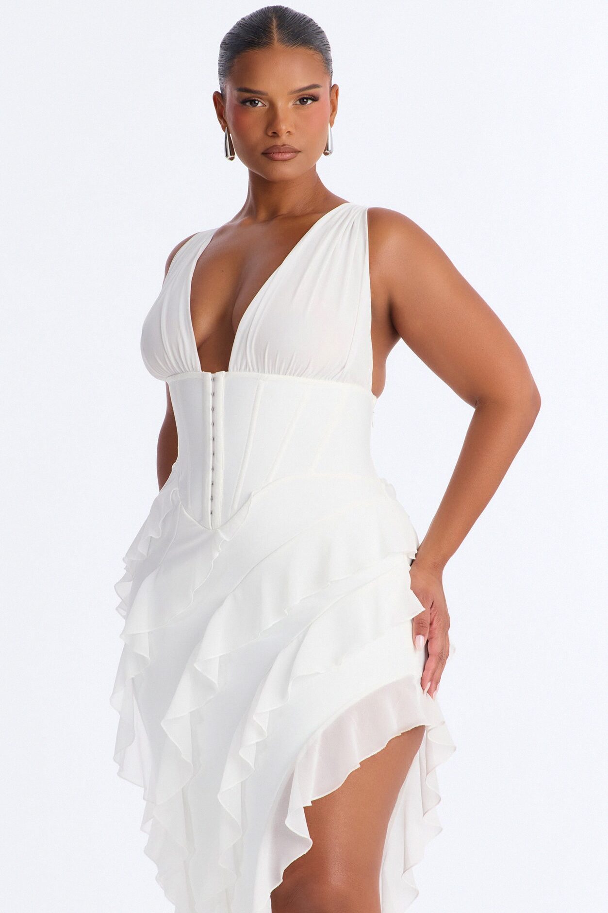 Jocelyn Bandage Ruffle Midi Dress - White