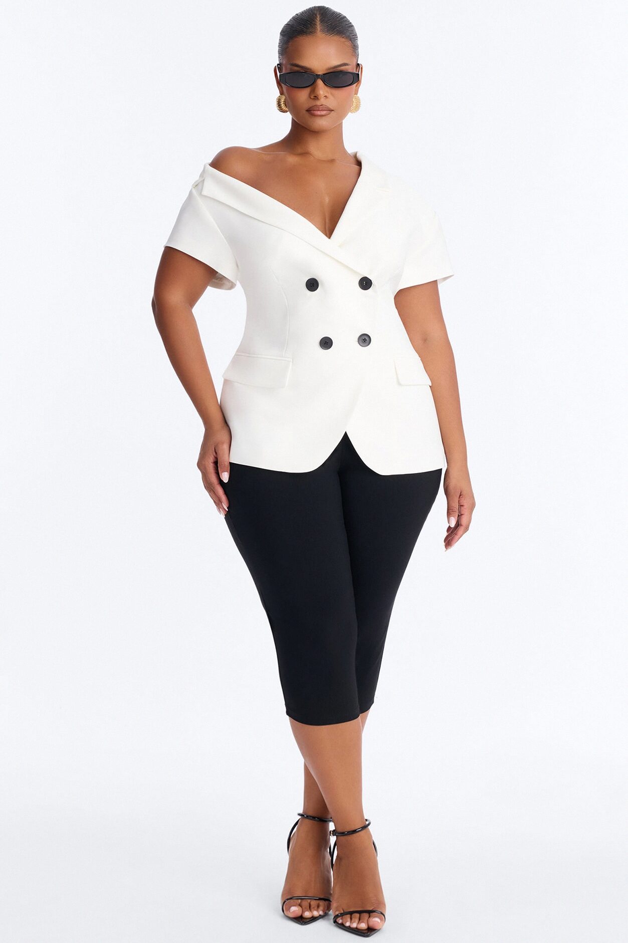 Valerie Asymmetrical Neckline Short Sleeve Blazer - White