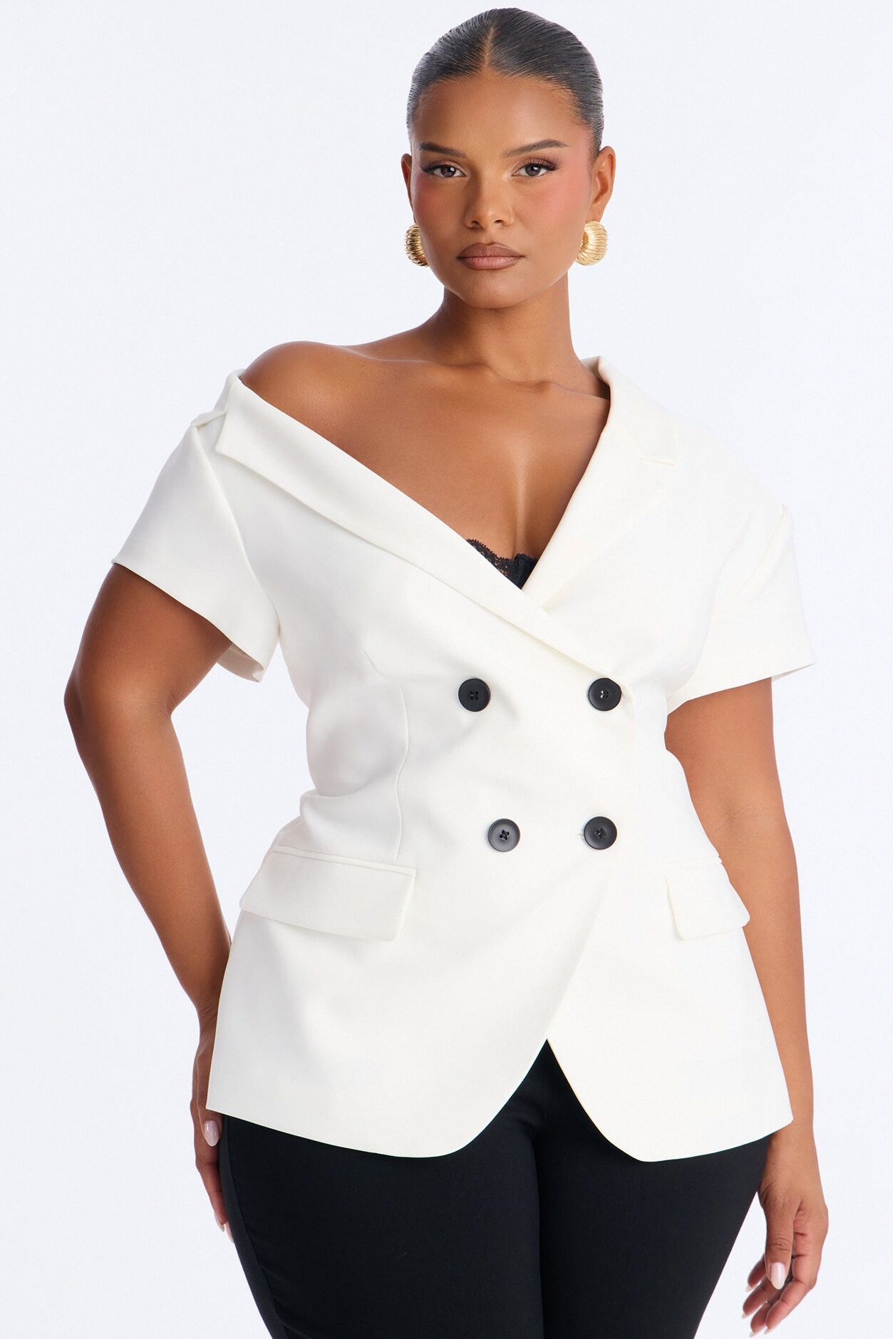 Valerie Asymmetrical Neckline Short Sleeve Blazer - White