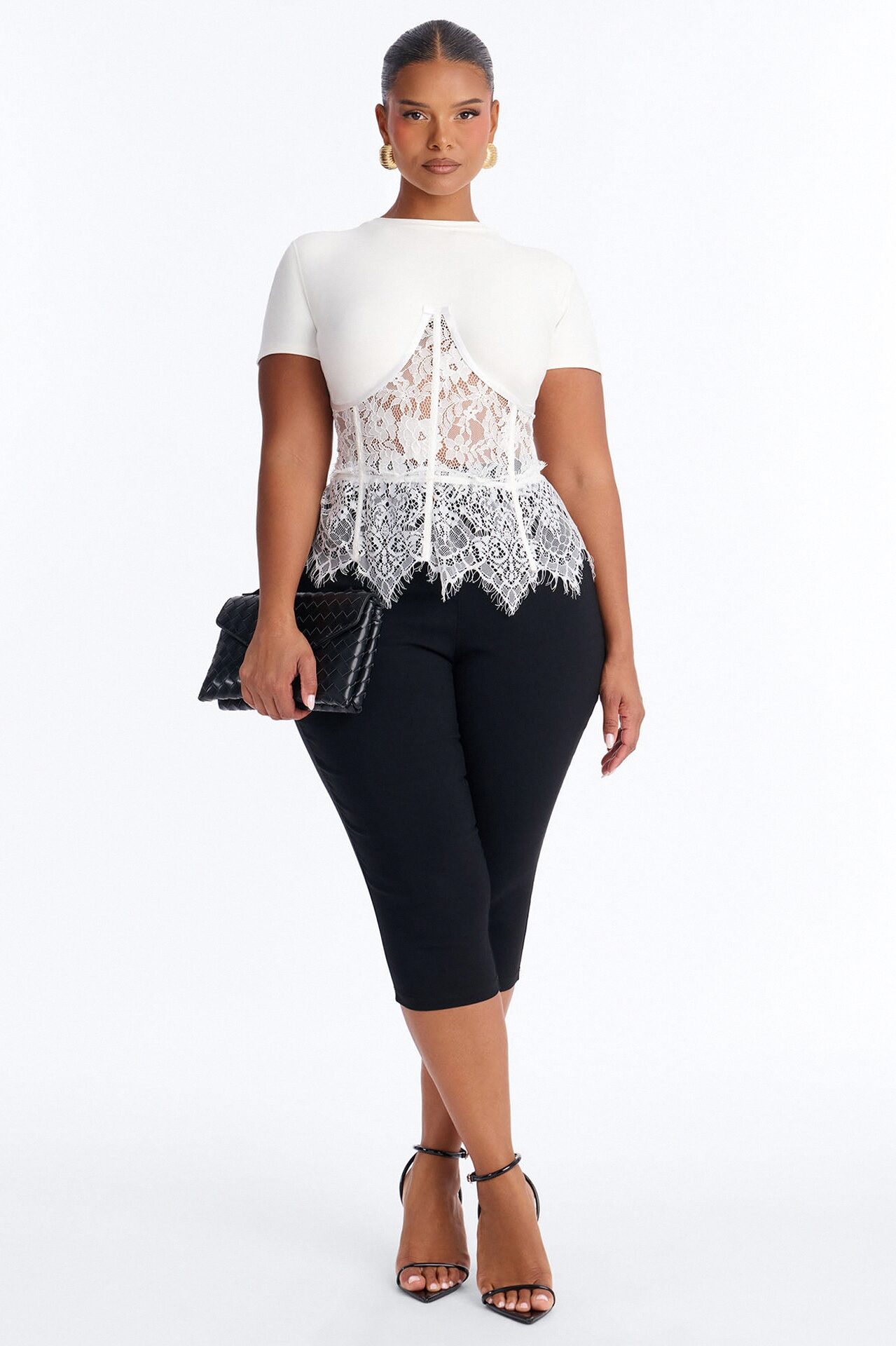 Liana Lace Corset Waist Short Sleeve Top - White