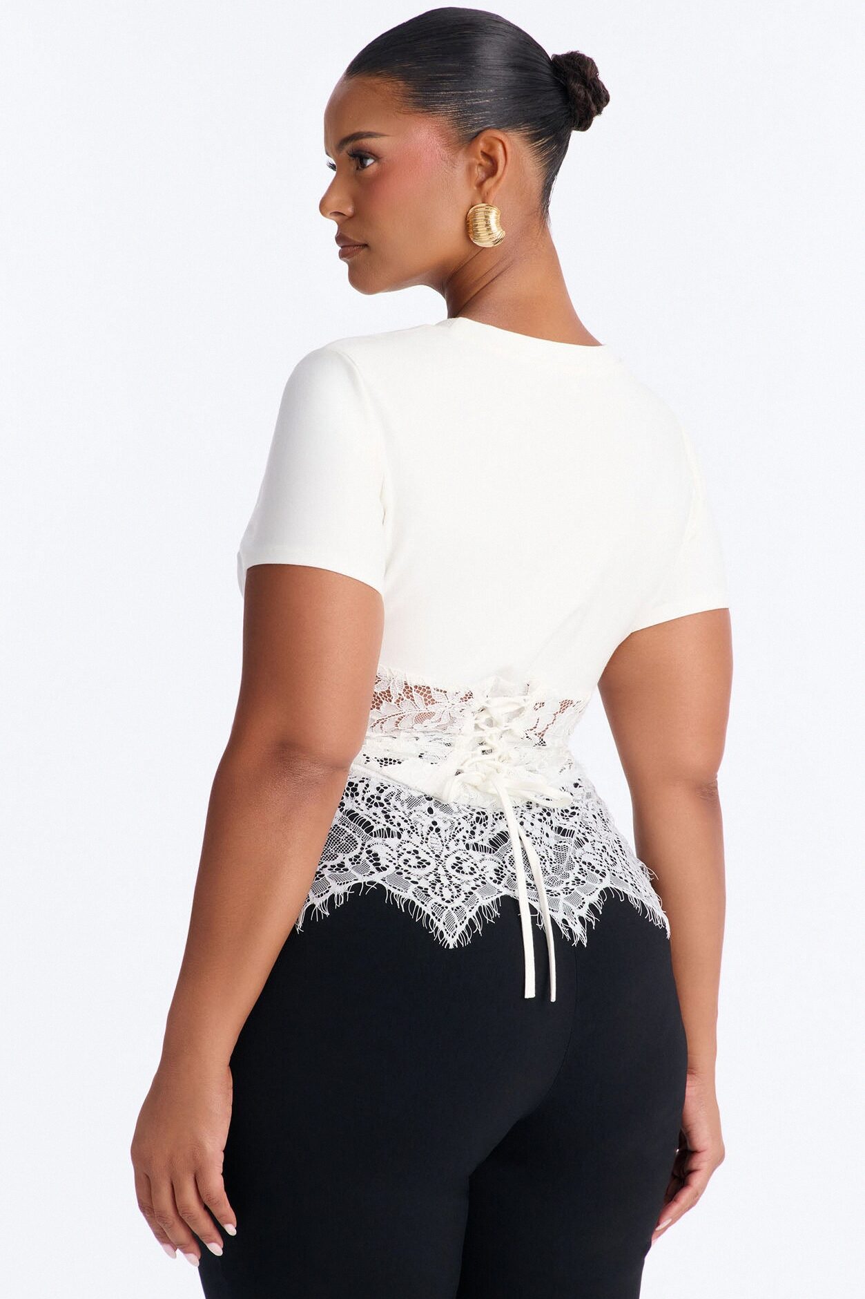 Liana Lace Corset Waist Short Sleeve Top - White