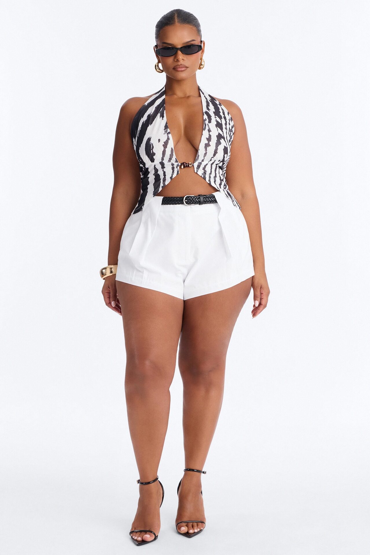 Zuri Beaded Zebra Mesh Halter Top - White/combo