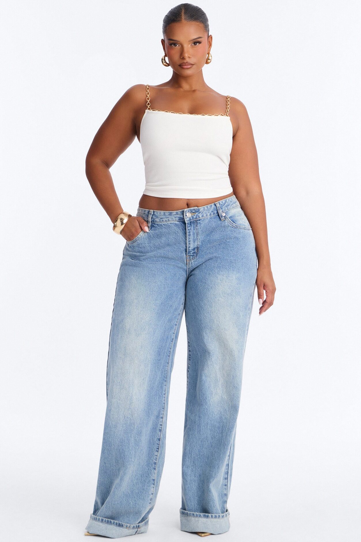 Evelyn Ribbed Chain Strap Tank Top - White