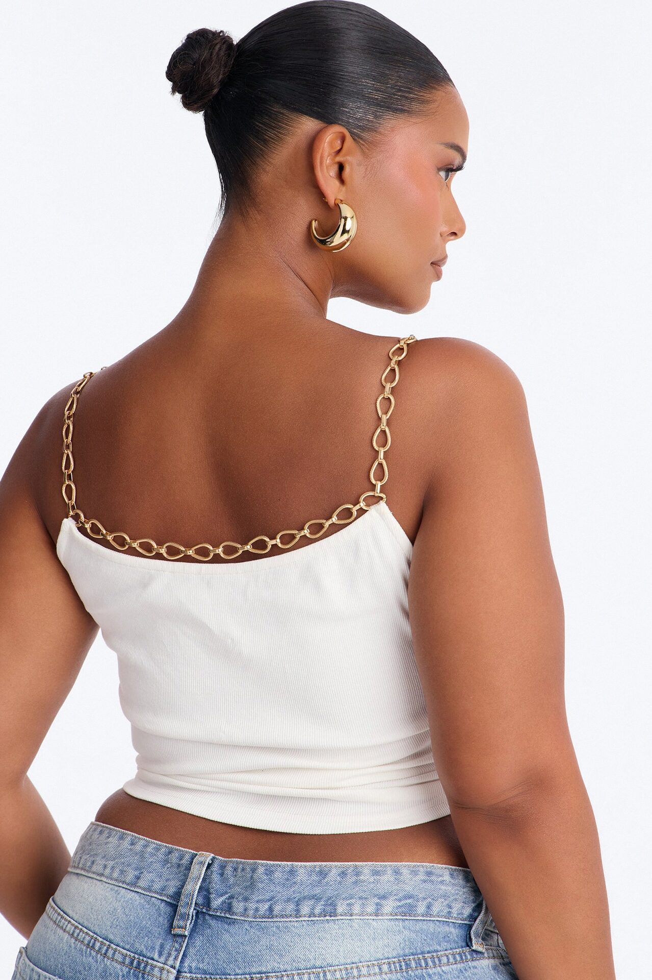 Evelyn Ribbed Chain Strap Tank Top - White
