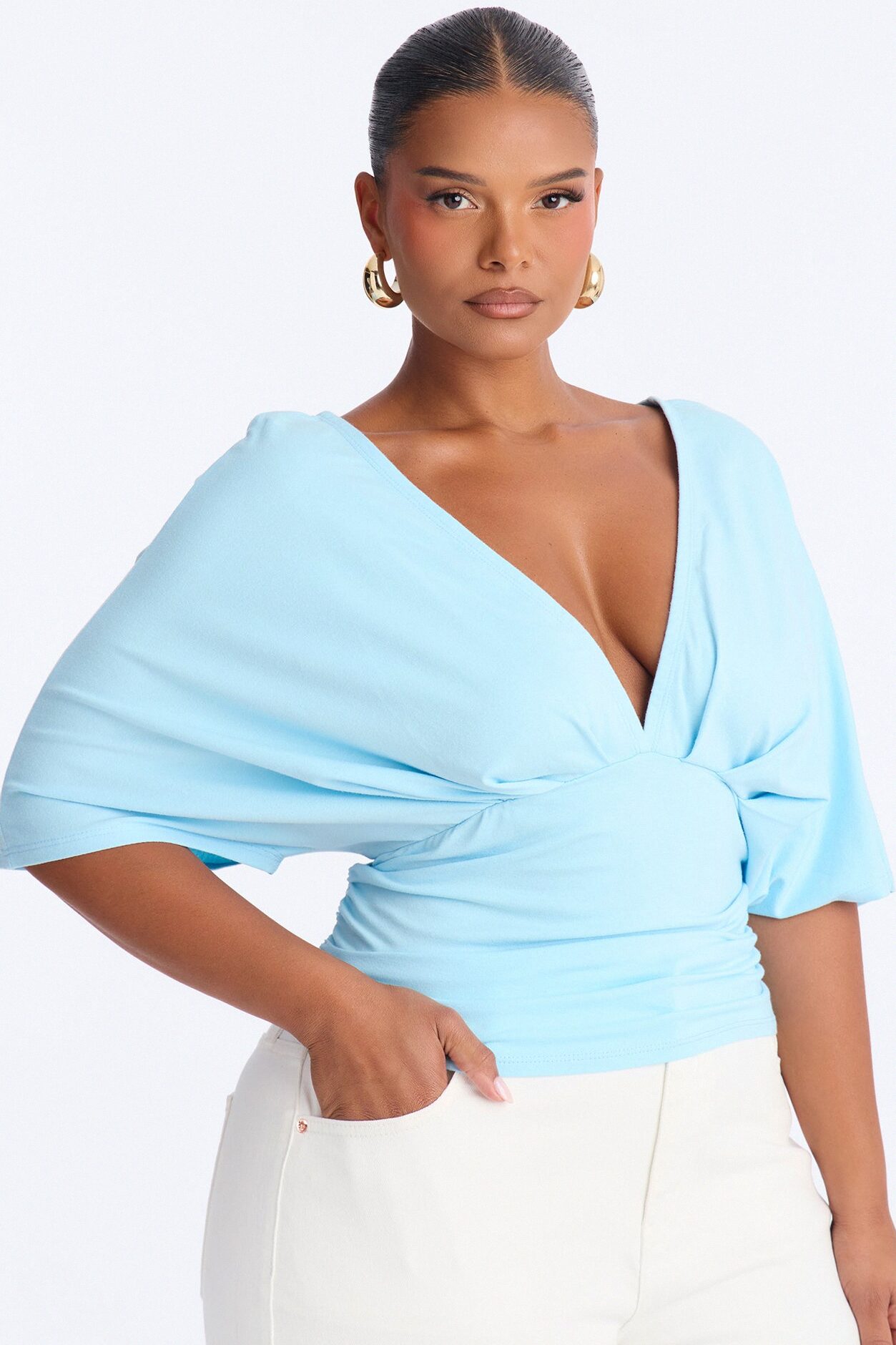 Taylor Cinched Waist Ruched Short Sleeve Top - Blue
