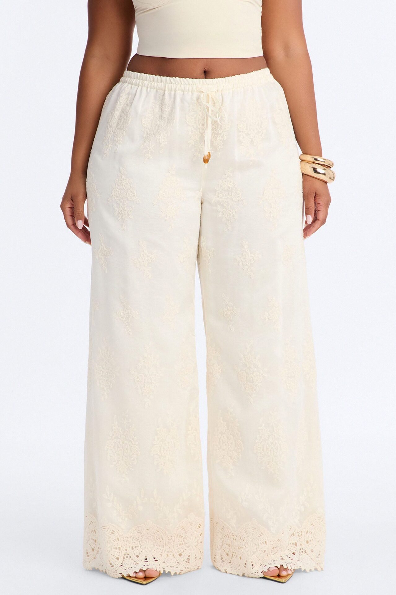 Adriane Embroidered Drawstring Wide Leg Pant - Ivory
