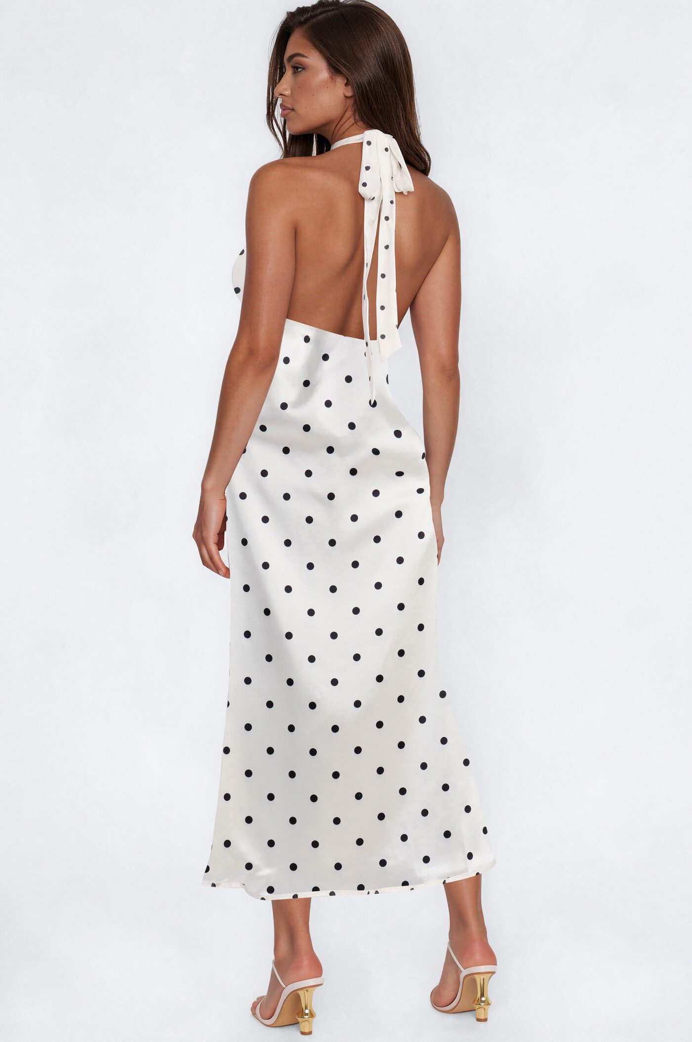 Celeste Satin Polka Dot Midi Dress - White/Black