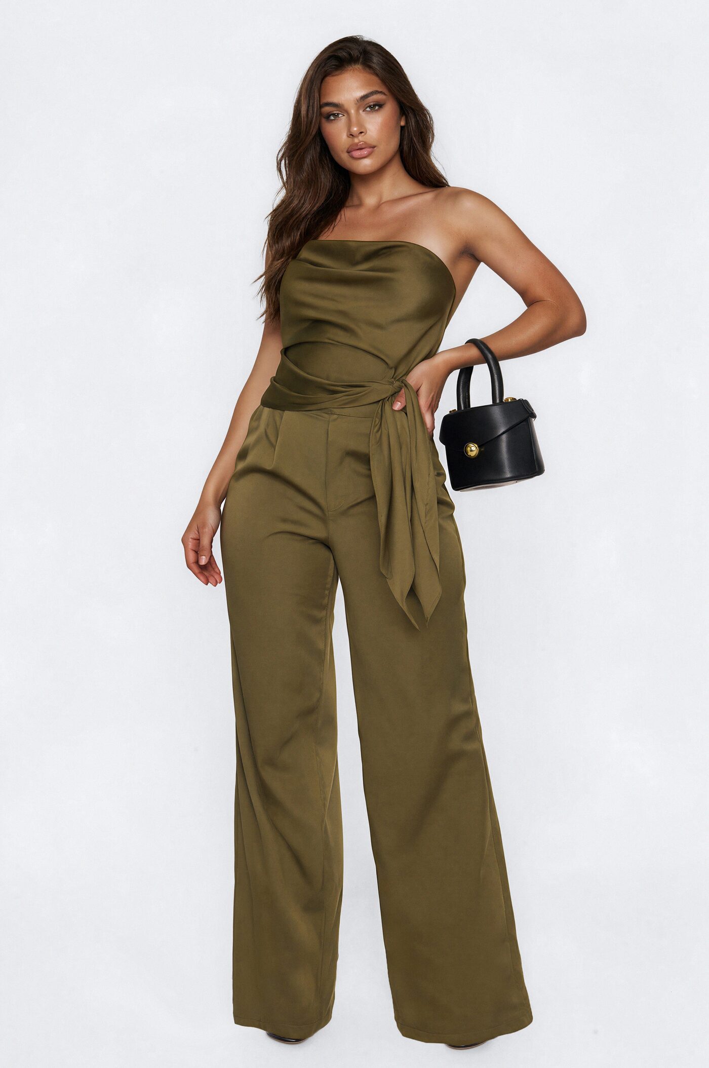 Effortless Strapless Satin Pant Set - Olive