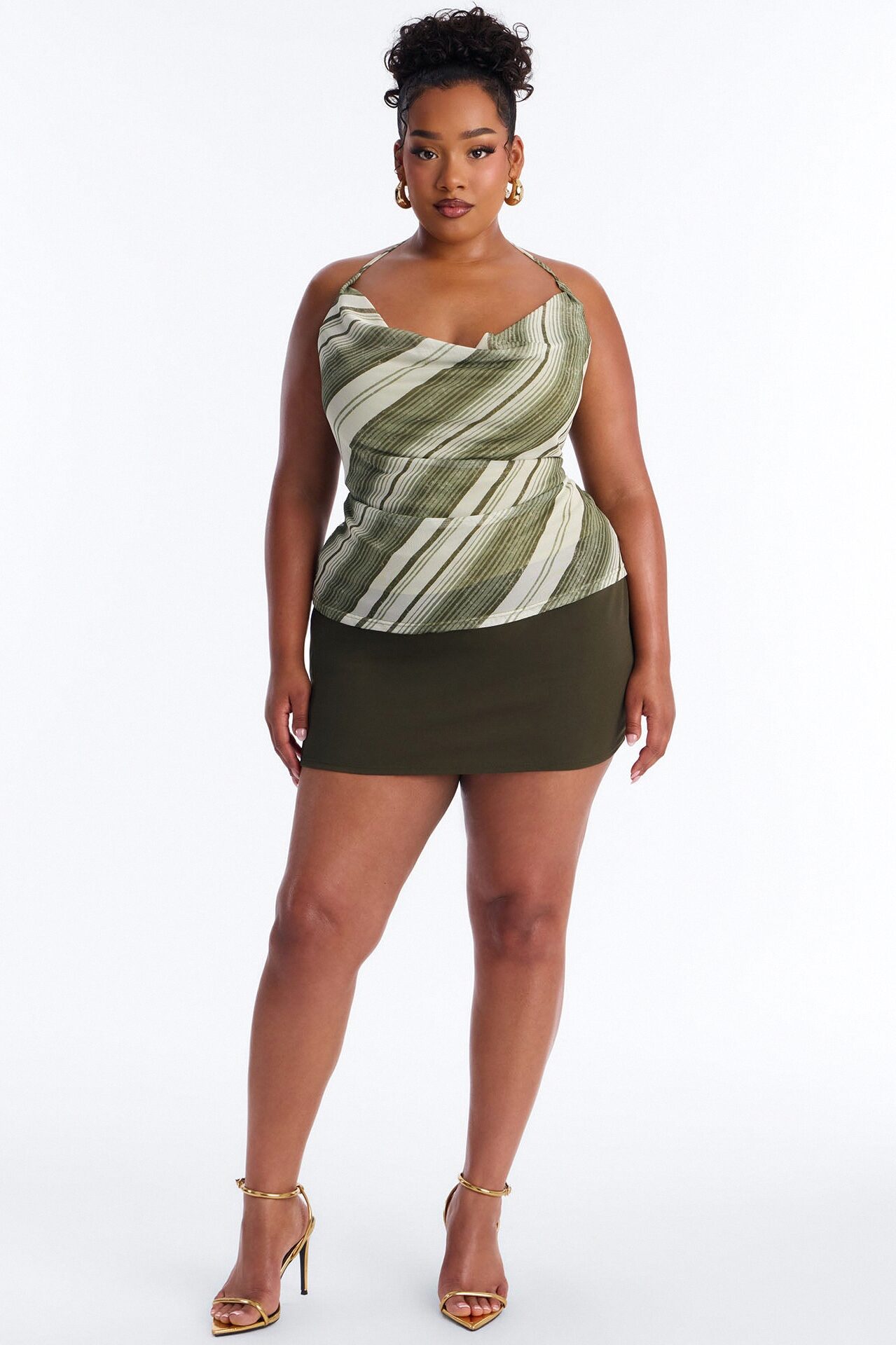 Dylan Striped Mesh Cowl Neck Halter Top - Olive/combo