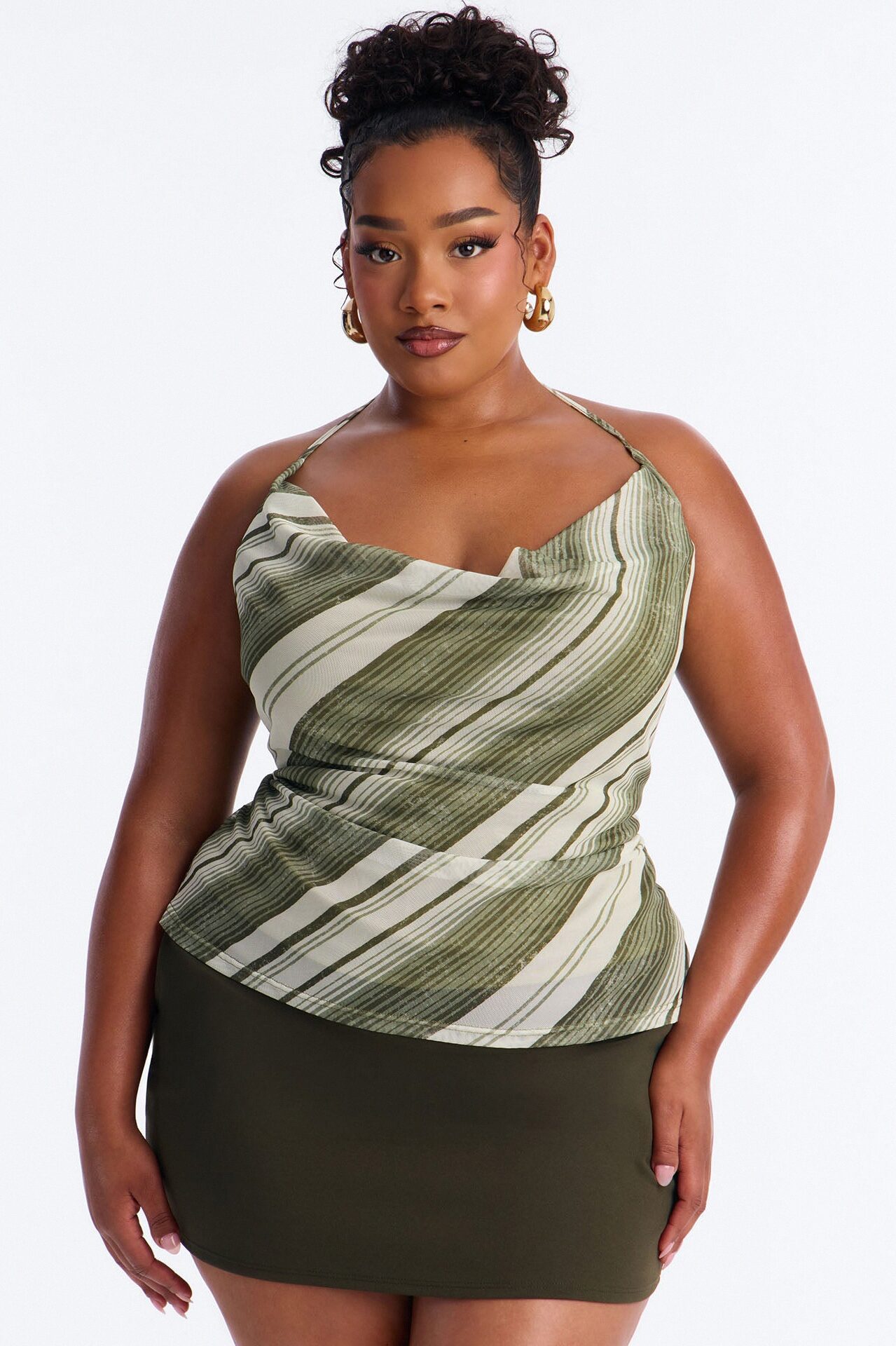 Dylan Striped Mesh Cowl Neck Halter Top - Olive/combo