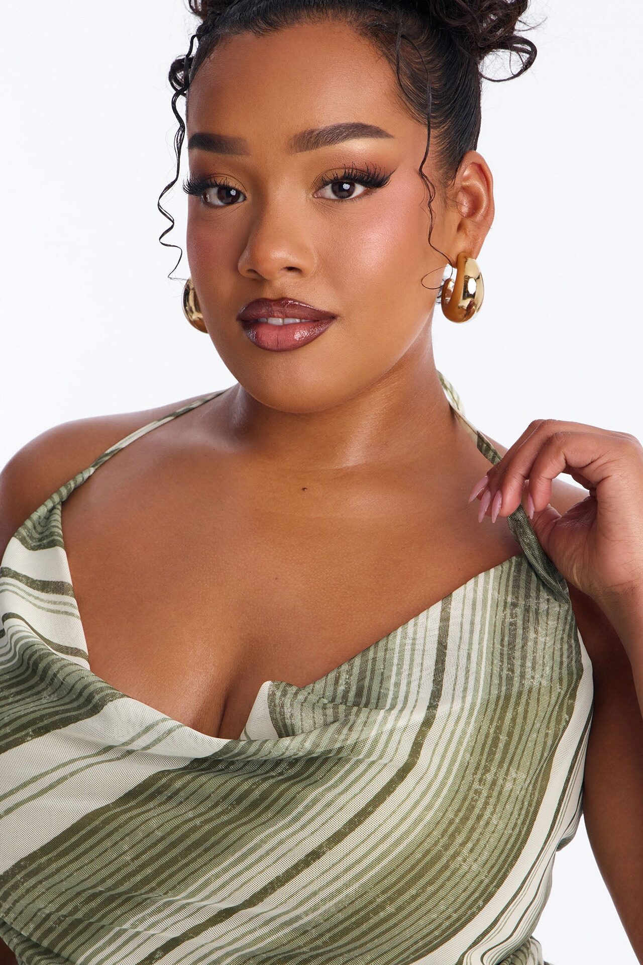 Dylan Striped Mesh Cowl Neck Halter Top - Olive/combo