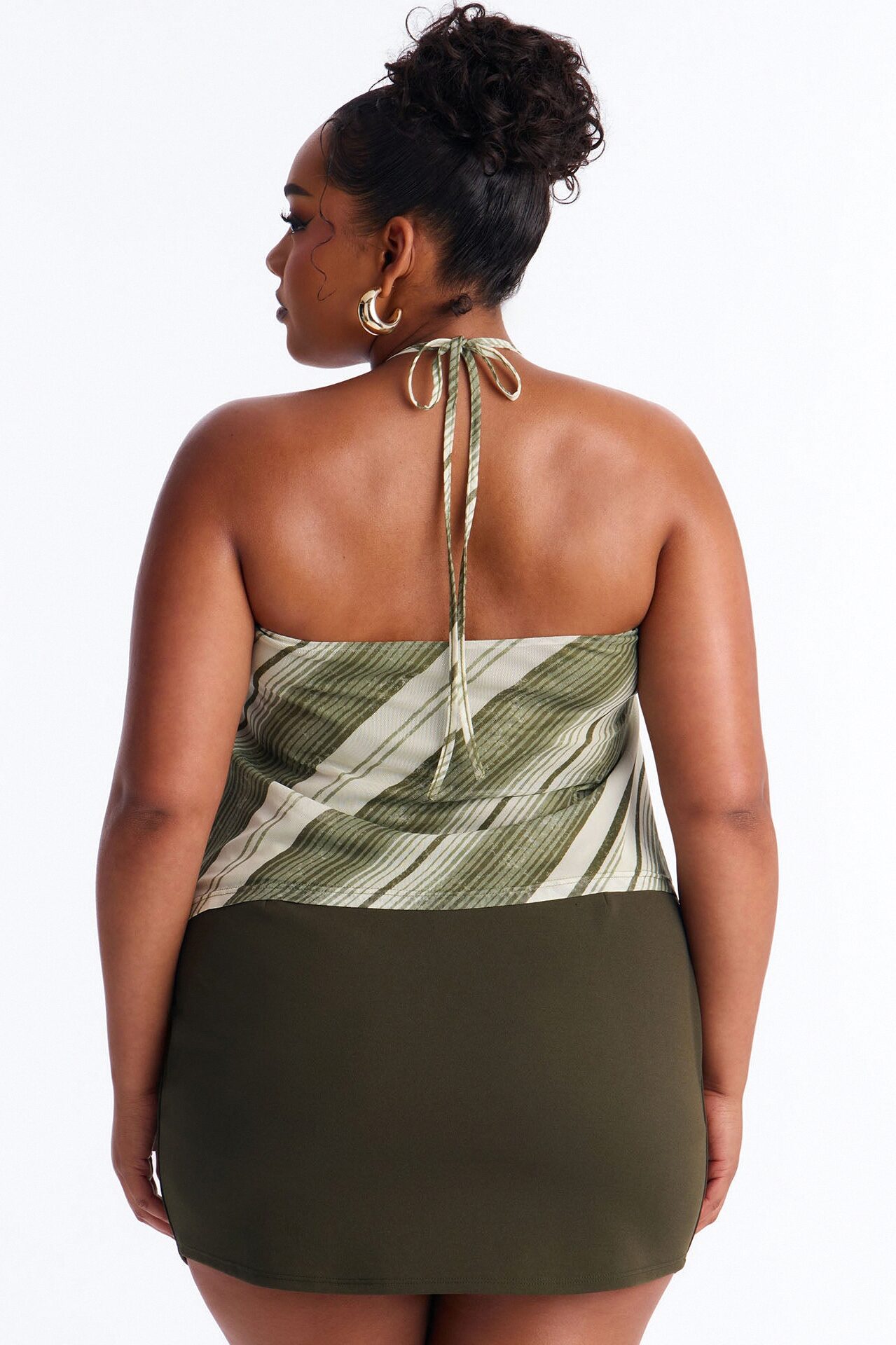 Dylan Striped Mesh Cowl Neck Halter Top - Olive/combo
