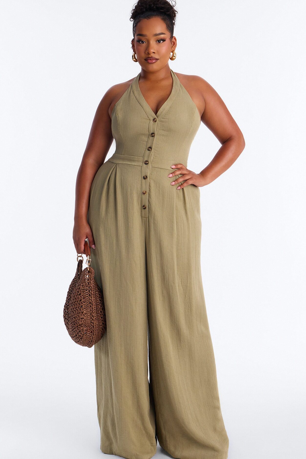 Liana Linen Halter Jumpsuit - Olive