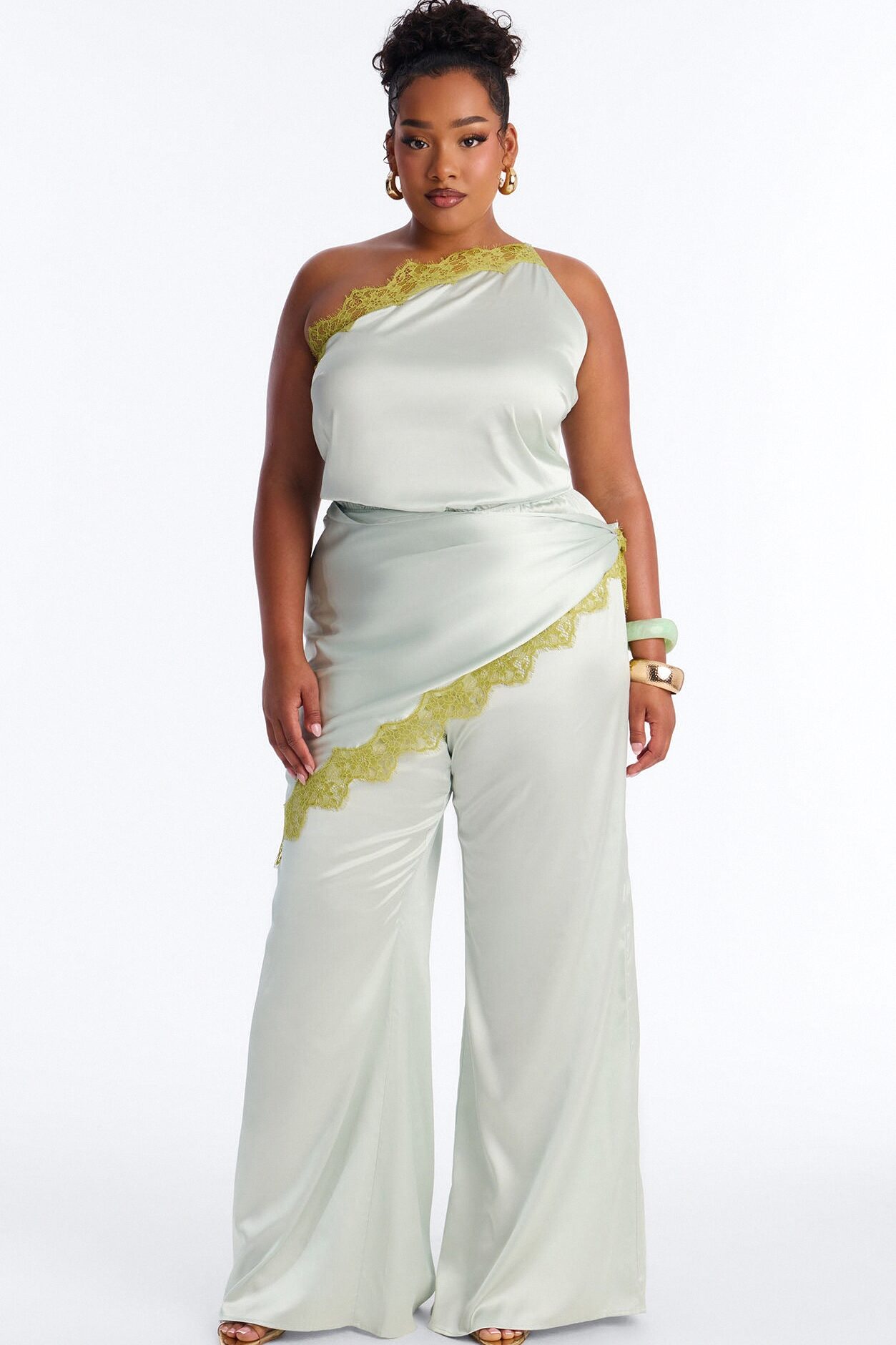 Valeria Satin Waist Scarf Wide Leg Jumpsuit - Mint