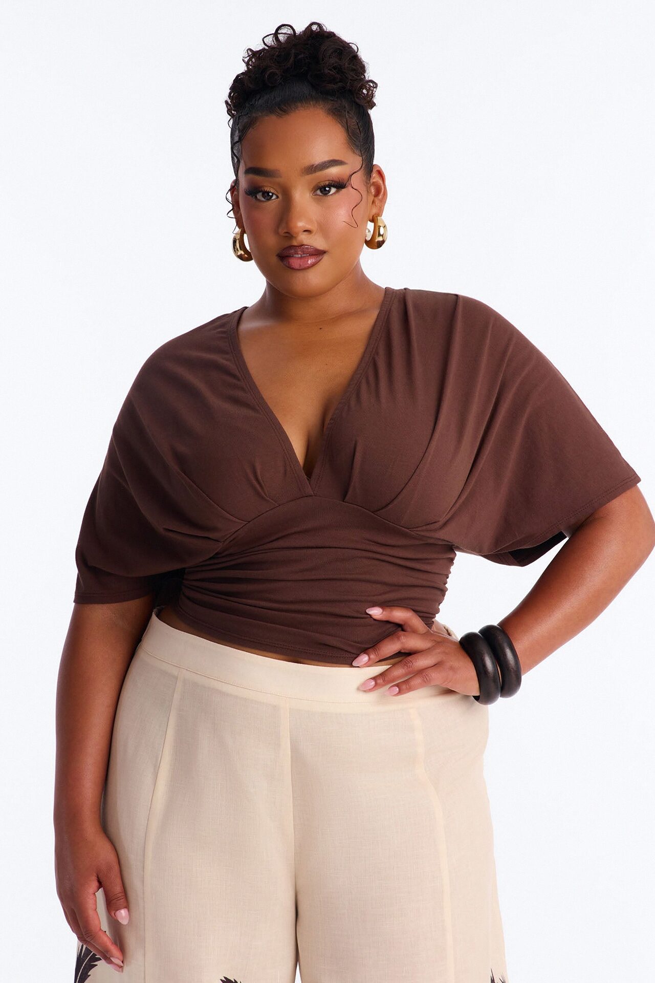 Taylor Cinched Waist Ruched Short Sleeve Top - Brown