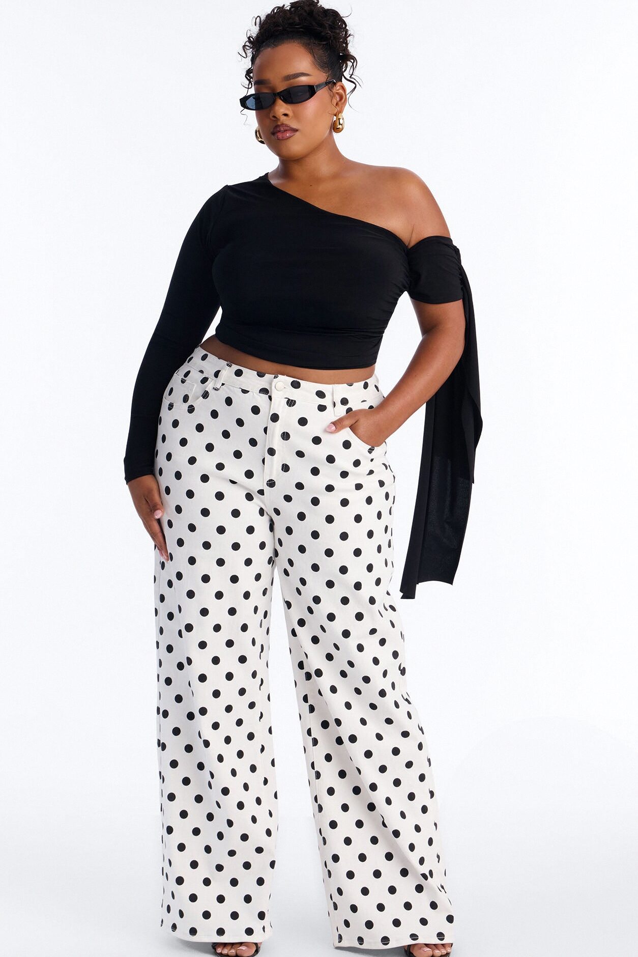 On The Dot Printed Wide Leg Jeans - White/combo