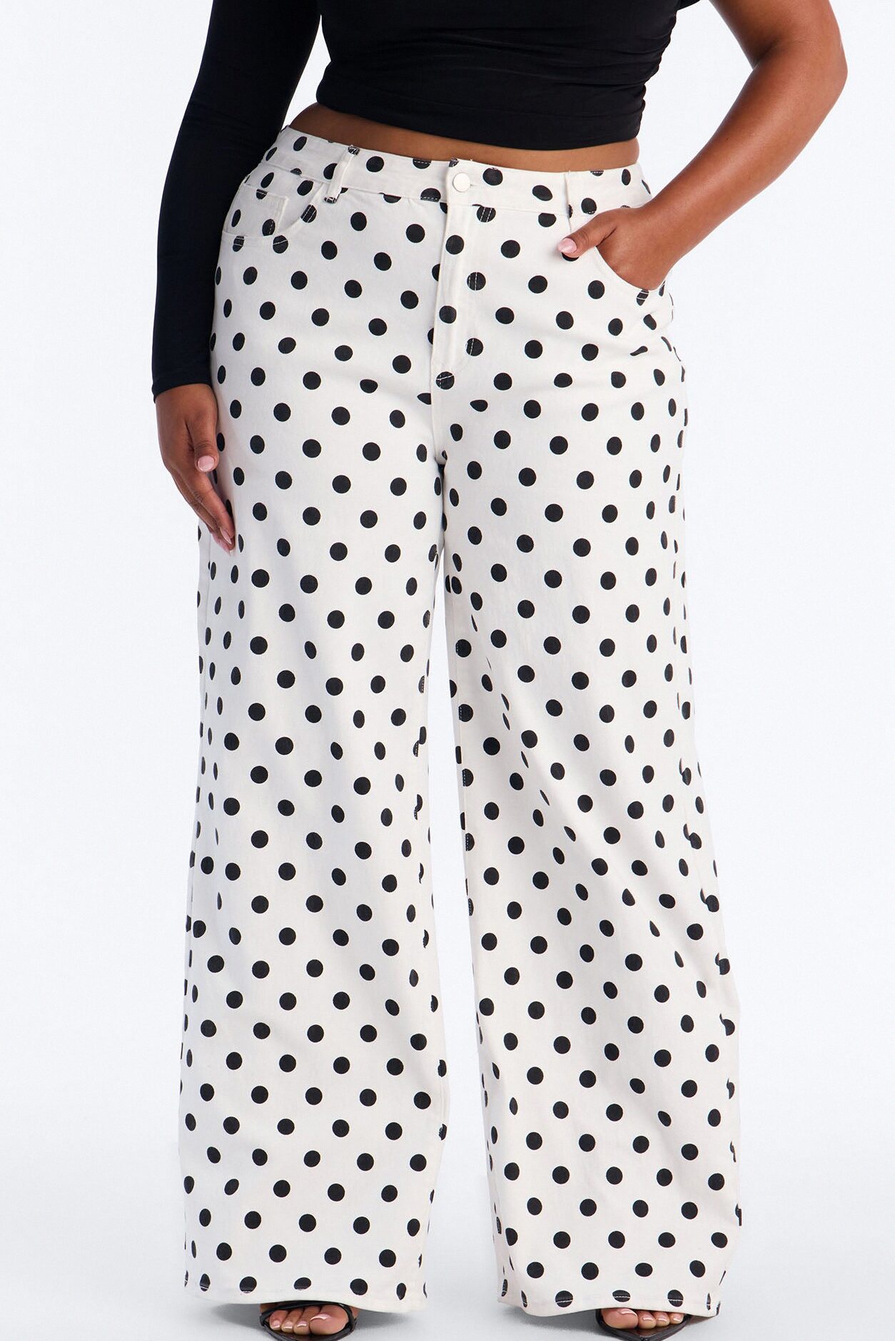 On The Dot Printed Wide Leg Jeans - White/combo