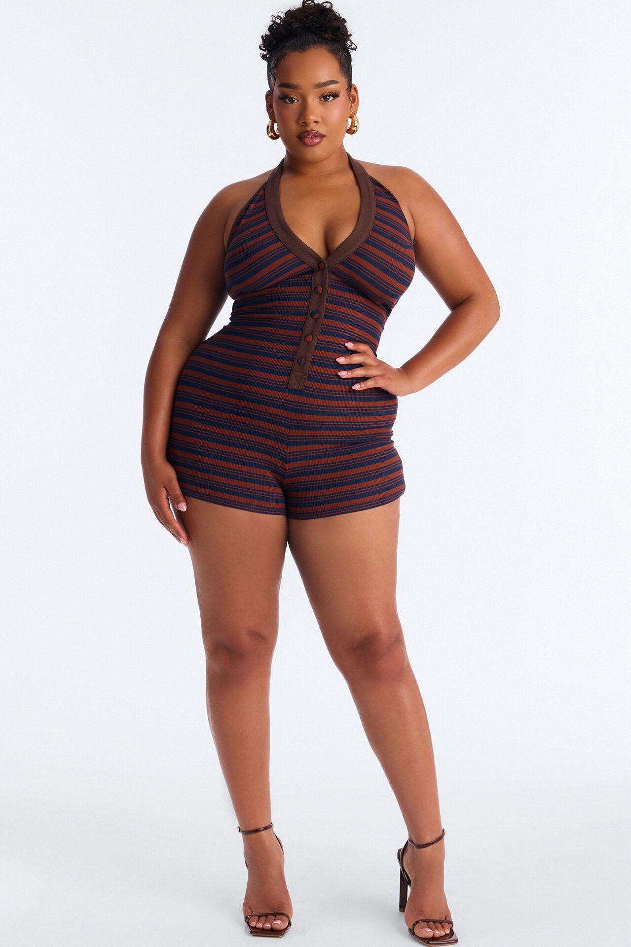 Macee Striped Halter Romper - Brown